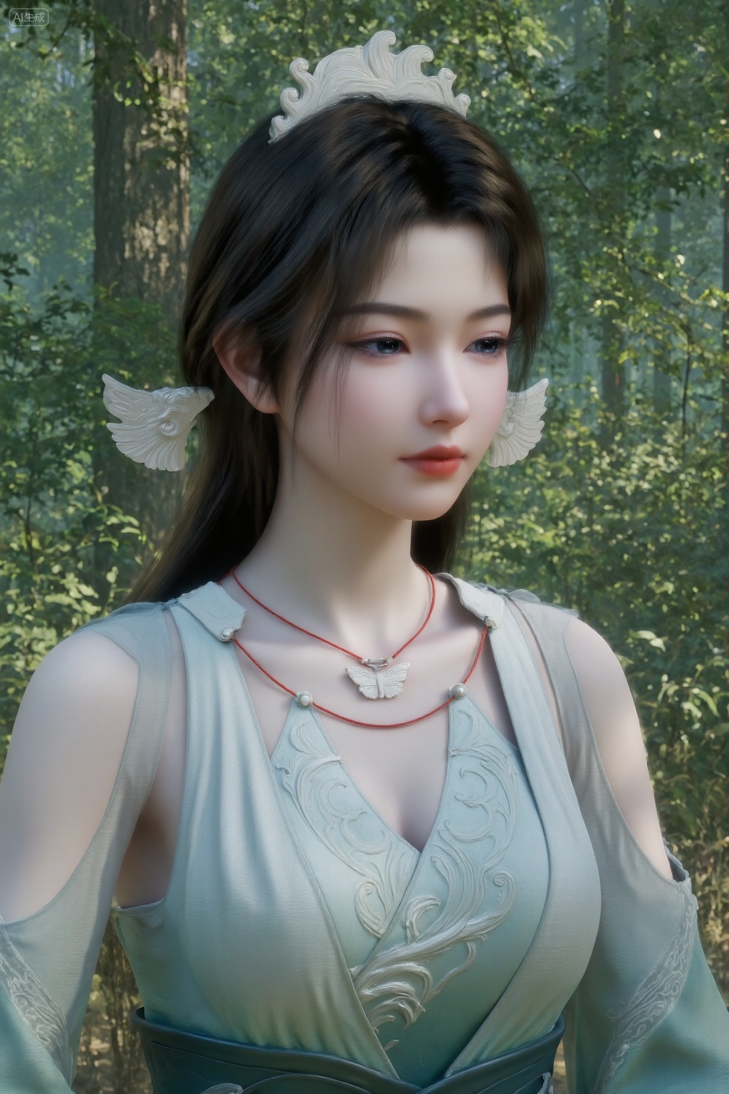 A highly detailed CGI image of a young Asian woman with fair skin and long, dark hair, adorned with white, ornate hair accessories. She wears a light blue, intricately patterned dress with a plunging neckline, revealing a red necklace with a butterfly pendant. The background is a lush, green forest., masterpiece,best_quality,ultra-detailed,soft lighting,ethereal atmosphere,delicate composition,natural textures,minimalist aesthetic,serene mood,polished photography,high-resolution clarity,harmonious tones,elegant posing,intimate ambiance,refined details,balanced framing,photorealistic rendering,soothing color palette.,, Negative prompt: ng_deepnegative_v1_75t,(badhandv4:1.2),EasyNegative,(worst quality:2),,nsfw, Steps: 30, Sampler: DPM++ 2M, CFG scale: 3.5, Seed: 3765053330, Size: 1024x1536, Model hash: 062dad72b2, Model: 麦橘超然majicFlus_v1.safetensors, Denoising strength: 0, RNG: CPU, Lora 1: 20250822-1755878391617-0013, Lora Hash 1: 4845efea02, Lora Weight 1: 1.0, vae_name: automatic