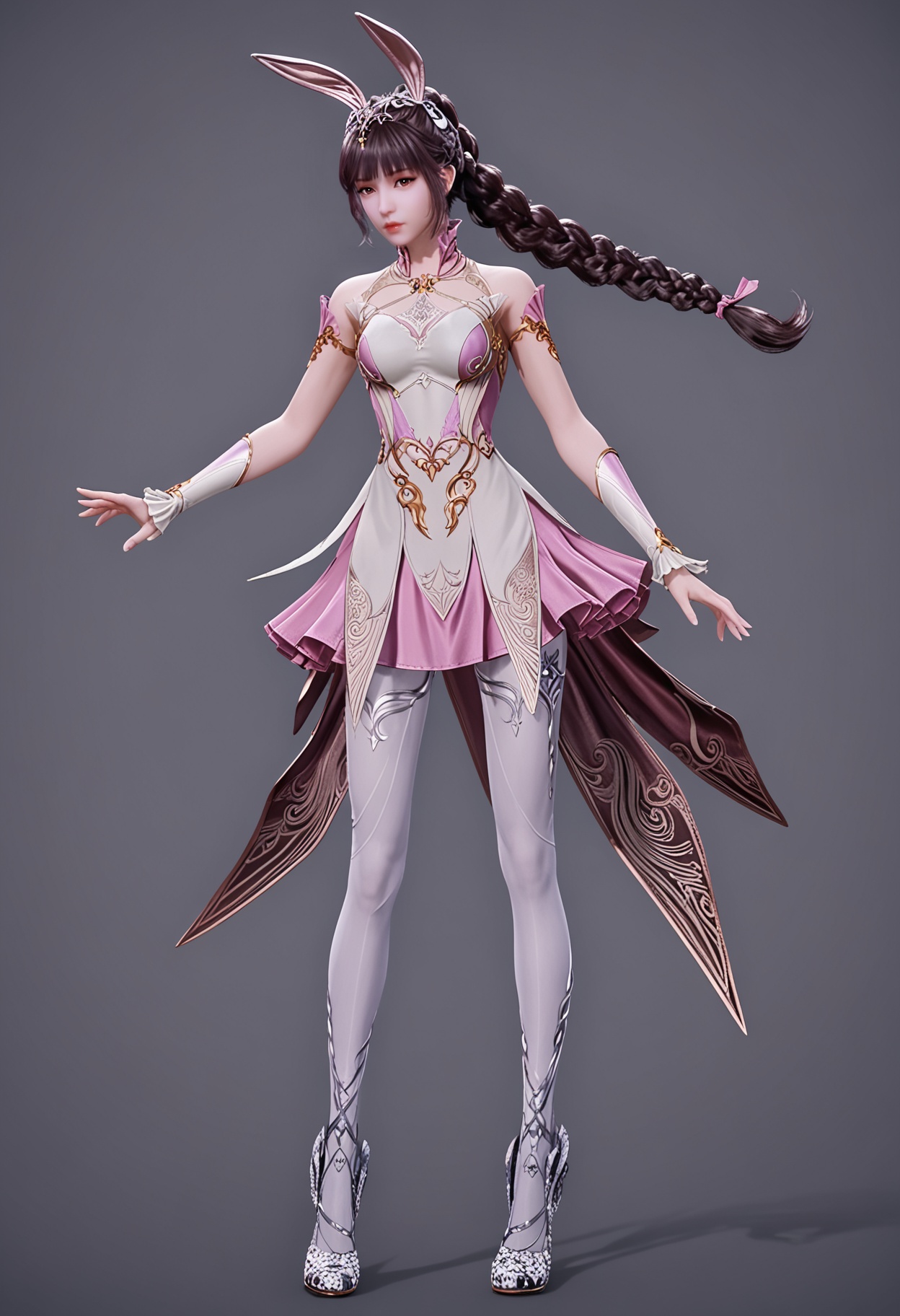 (looking_at_viewer:1.2),full body,<lora:YQ_pony_xiaowu_fuzhuang2_V5:0.8>,q1528437228,1girl,solo,hair ornament,long hair,dress,black hair,rabbit ears,animal ears,ponytail,brown hair,collar,metal collar,braid,pantyhose,high heels,brown eyes,blunt bangs,braided ponytail,jewelry,long legs,simple background,pure black background,black background,