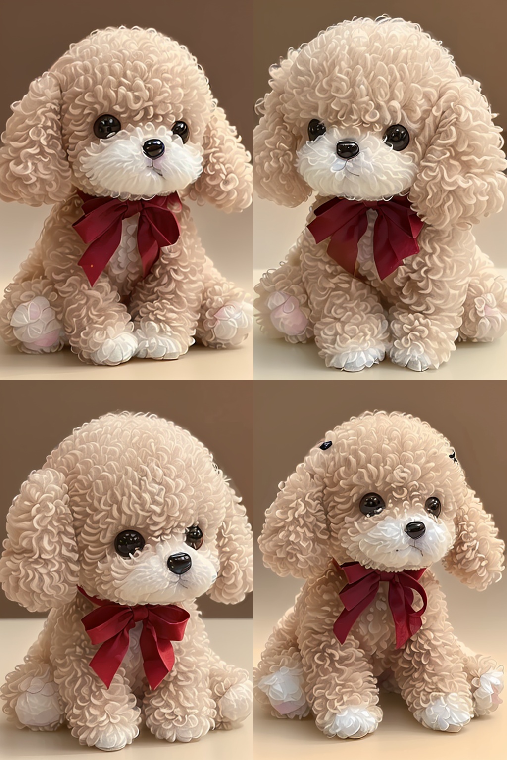 PD_juanmaorong, light brown puppy, front view, beady eyes, closed mouth, sitting position, hands in front, solo, with a red bow tied around the neck, light brown background.<lora:juanmao_V1-000016:0.8>,