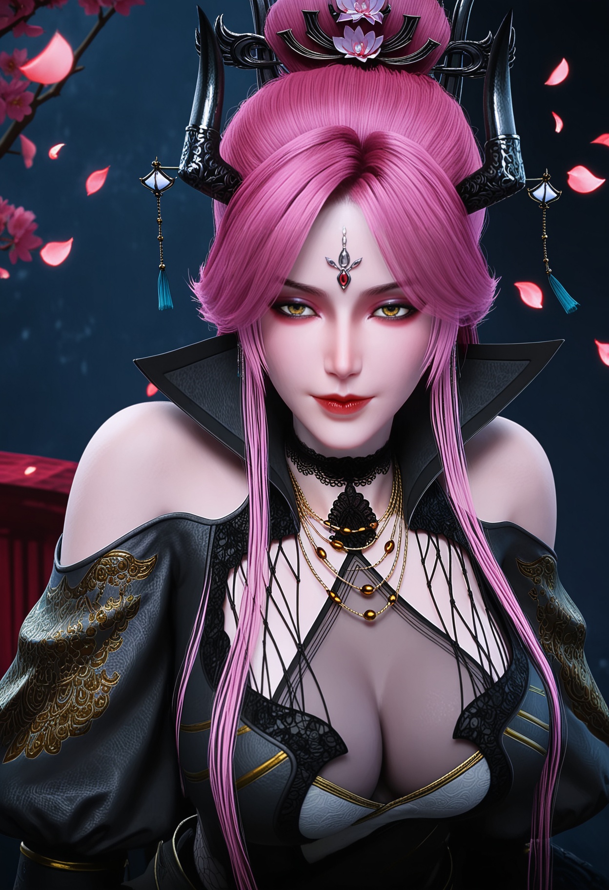 (upper_body:1.2),looking at viewer:1.1,masterpiece,(best quality),(mutated_hands:-1.2),(bad hands:-1.2),smog,Dark room,dim lighting,peach blossom,falling petals,<lora:YQ_Illustrious光辉v5_曼罗_V1:0.9>,q1528437228,1girl,solo,long hair,pink hair,jewelry,horns,hair ornament,earrings,choker,dress,makeup,necklace,red lips,red hair,purple hair,black dress,forehead mark,black high heels,yellow eyes,high collar,black choker,brown eyes,pantyhose,hair bun,black pantyhose,hair over one eye,long sleeves,puffy sleeves,eyeshadow,