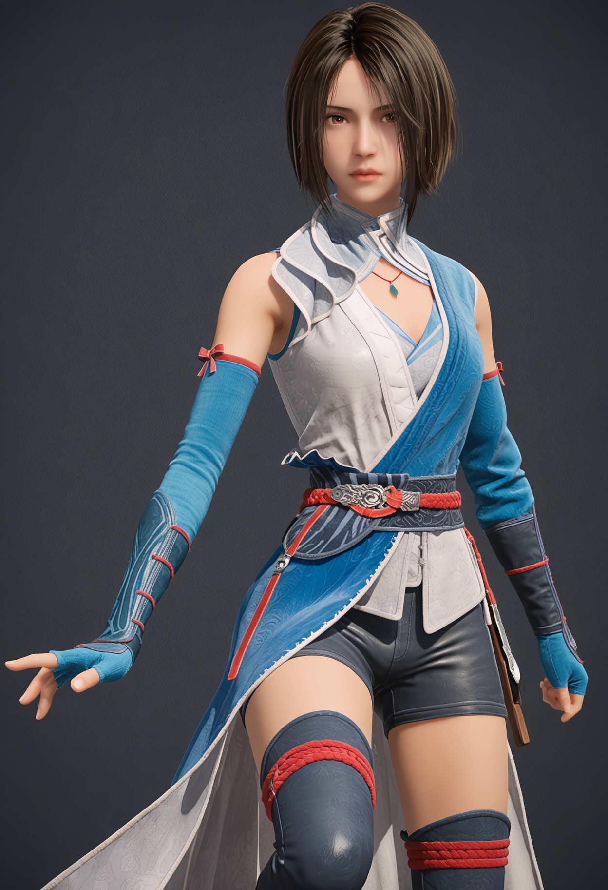 perfect_anatomy,score_9,(upper_body:1.1),looking_at_viewer,<lora:YQ_pony_jiruxueQ5_V7:0.8>,q1528437228,solo,1girl,short hair,brown hair,necklace,jewelry,gloves,black hair,brown eyes,lips,realistic,thighhighs,boots,elbow gloves,fingerless gloves,shorts,perfect_anatomy BREAK perfect_anatomy,simple background,black background,(shiny_skin),(Ivory_skin:1.1),(cinematic lighting),