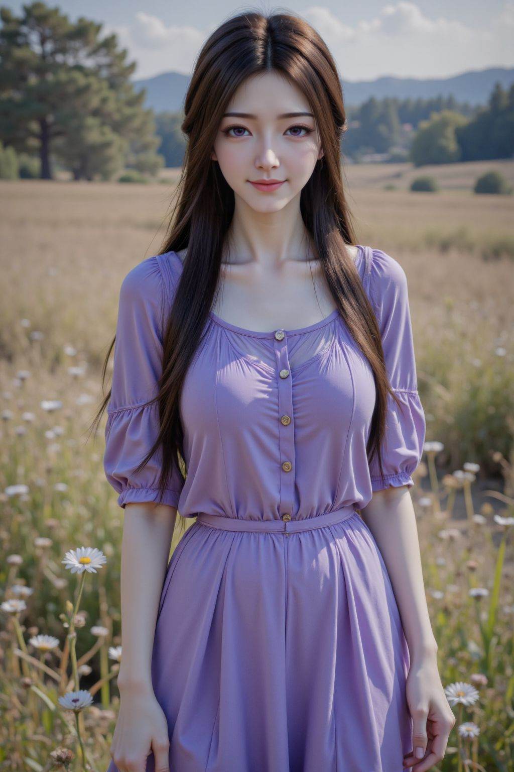 HDR photo of cinematic film still, 1girl, solo, long hair, looking at viewer, brown hair, shirt, purple collared shirt, black hair, smile, purple eyes, flower, outdoors, purple pleated skirt, thigh-high purple socks, realistic, <lora:20251024_TinFlux1ZiLingLora10:0.9>