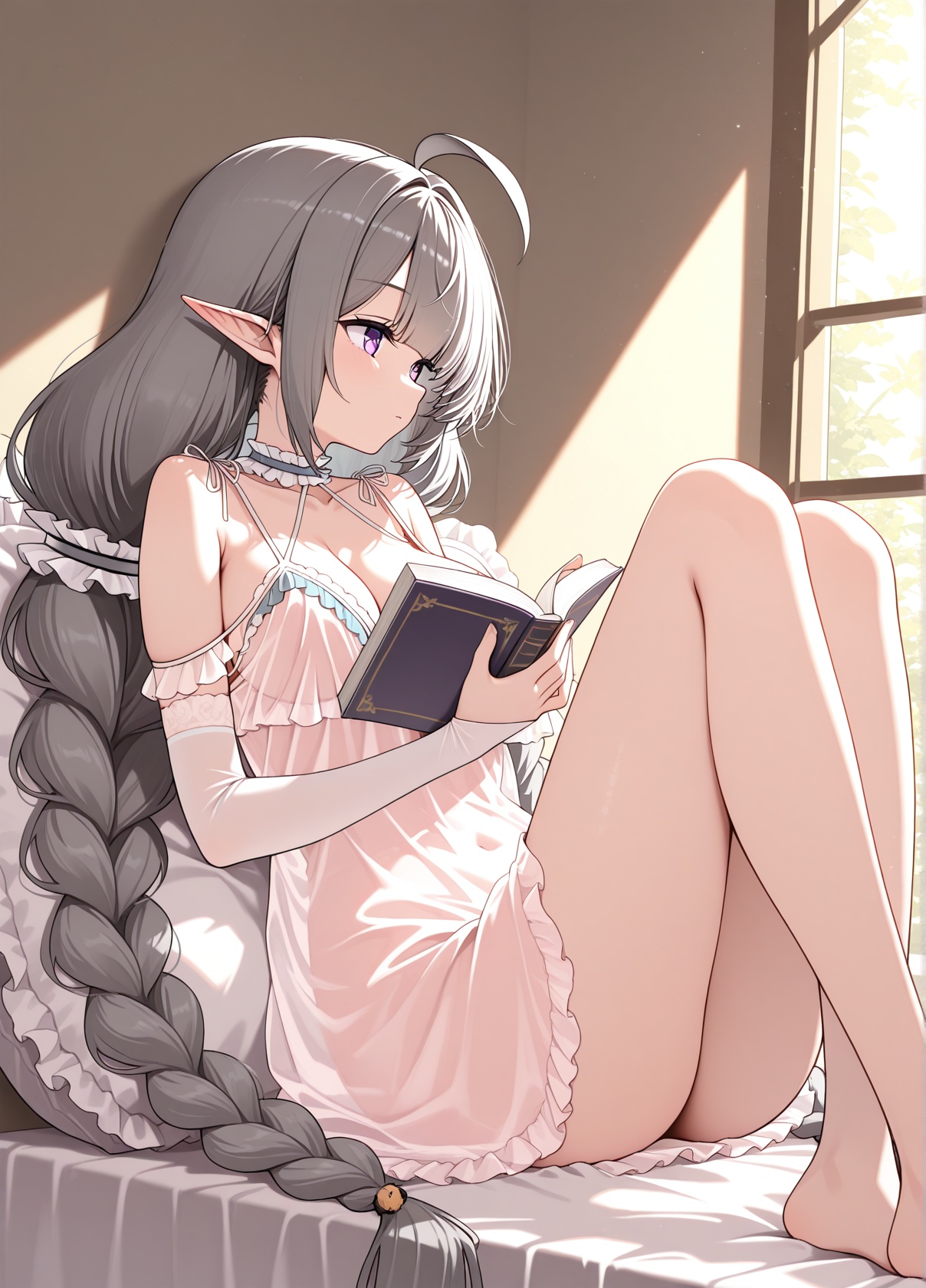 <lora:evertsen_IL_v1.0:1>,evertsen \(basking by the window\) \(azur lane\),twin braids,babydoll,holding book,on windowsill,window shadow,knees up,looking at another,frilled pillow,reclining,solo,, masterpiece,best quality,