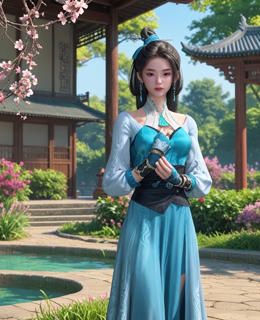 (oriental architecture, elegant decor, sophisticated style:1.1),(Standing in a garden, smelling a flower, with closed eyes, enjoying the fragrance,:1.1),(breasts:1.2),<lora:XLCG师兄蓝灵娥:0.95>,miss lanlinge,blue dress,brown eyes,black hair,low-tied long hair,hair ornament,hair bun,sash,puffy sleeves,fingerless gloves,earrings,jewelry,, score_9,score_8_up,score_7_up,score_6_up,score_5_up,score_4_up,3d rendering,tag1,tag2, Cinematic Lighting,backlighting,