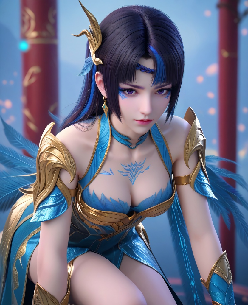 (oriental architecture, elegant decor, sophisticated style:1.1),Hands on the ground, leaning forward,,(breasts:1.2),<lora:XL16大主宰九幽:0.95>,miss jiuyou,armor,boobplate,purple eyes,braid circlet,makeup,black hair,blue streaked hair,long hair,hair ornament,sternum tattoo,rerebrace,left hand single glove with blue,blue wings cape,blue lower leg decoration,, zPDXL2, score_9, score_8_up, score_7_up BREAK realistic, masterpiece,best quality, highly detailed,, zPDXL3, zPDXL2,zPDXL, zPDXLxxx, zPDXLrl,