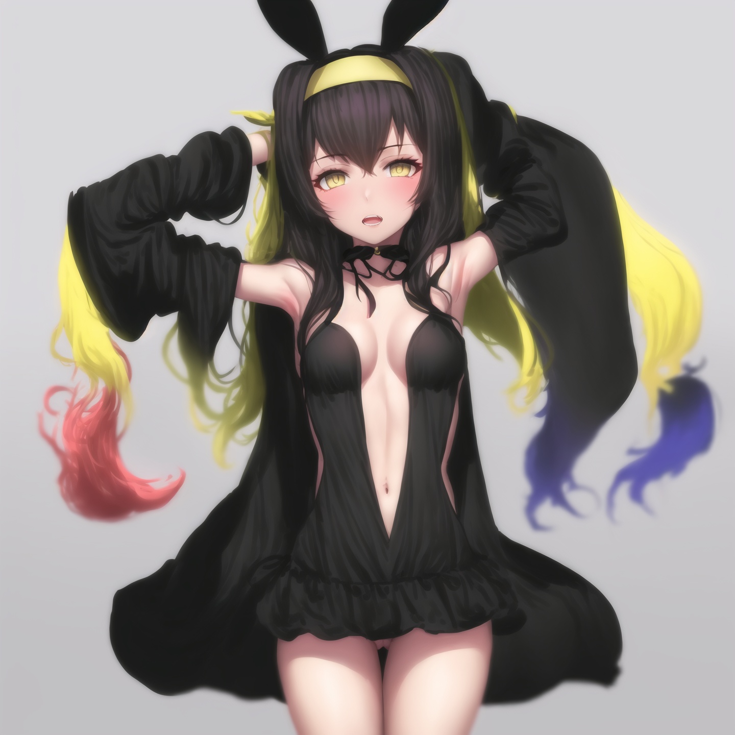 <lora:HAK:1>,HAK, 1girl, solo, animal ears, rabbit ears, long hair, breasts, hairband, armpits, open mouth, small breasts, arms up, white hair, very long hair, looking at viewer, upper teeth only, thigh gap, jacket, brown eyes, bangs, white background, black hairband, simple background, teeth, ass visible through thighs, black jacket, long sleeves, gradient background, covered navel, black skirt, gradient, skirt, arms behind head, blush, dress, yellow eyes, cowboy shot, detached sleeves