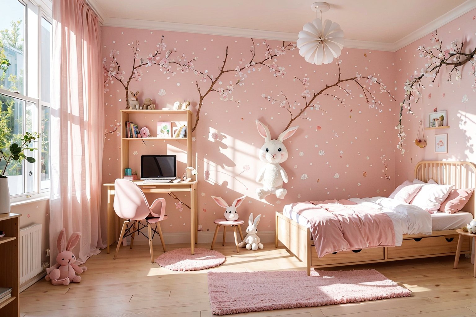 childreninterior, toodler, pink wallpaper with rabbit, realistic, bedroom with slider, stuffed toy, morning, cute, 