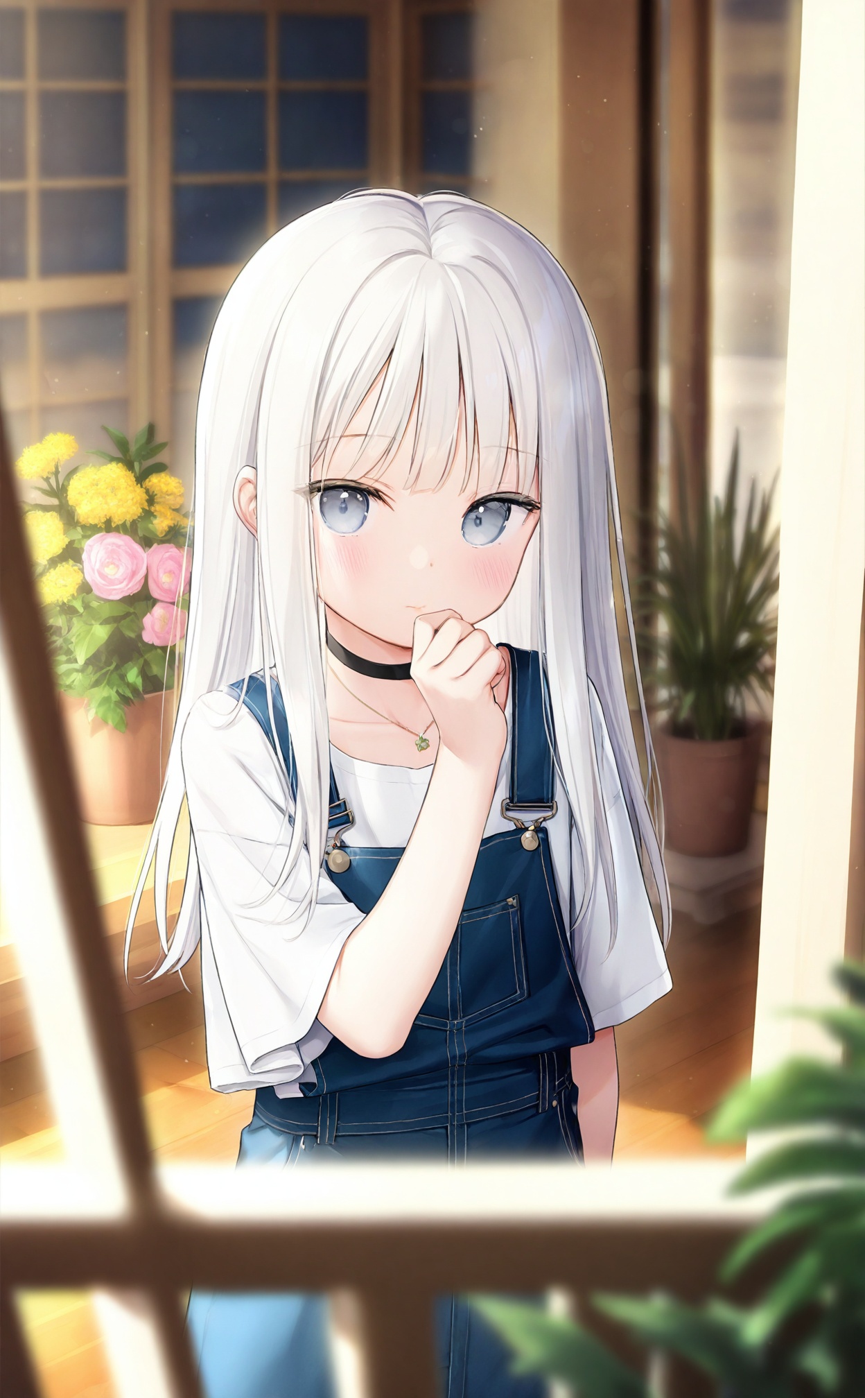 masterpiece,blurry background,loli,light leaks,fair_skin,blurry,depth_of_field,Cinematic Lighting,background light,loli,1girl, solo, long hair, necklace, jewelry, choker, white hair, looking at viewer, white shirt, shirt, short sleeves, flower, plant, window, overalls, overall skirt, indoors, blue eyes, black choker, hand up, blue overalls, collarbone, yellow flower, grey eyes, sidelocks, pink flower, dress, blush, blue dress, potted plant, standing, hand to own mouth, closed mouth