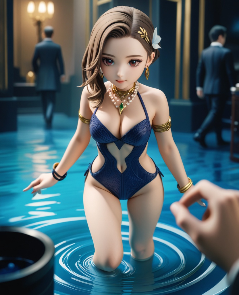 (,1girl, ,best quality, ),looking at viewer,  ,ultra detailed background,ultra detailed background,ultra realistic 8k cg,, ,masterpiece,((((1girl, solo,  , solo focus, ,walking on liquid, ))))    (cleavage), (), ,ultra realistic 8k cg,   clean, masterpiece,     cinematic lighting, cinematic bloom, , (( , )),,  , unreal, science fiction, luxury, jewelry, diamond, gold, pearl, gem, sapphire, ruby, emerald, intricate detail, delicate pattern, charming, alluring, seductive, erotic, enchanting, hair ornament, necklace, earrings, bracelet, armlet,,