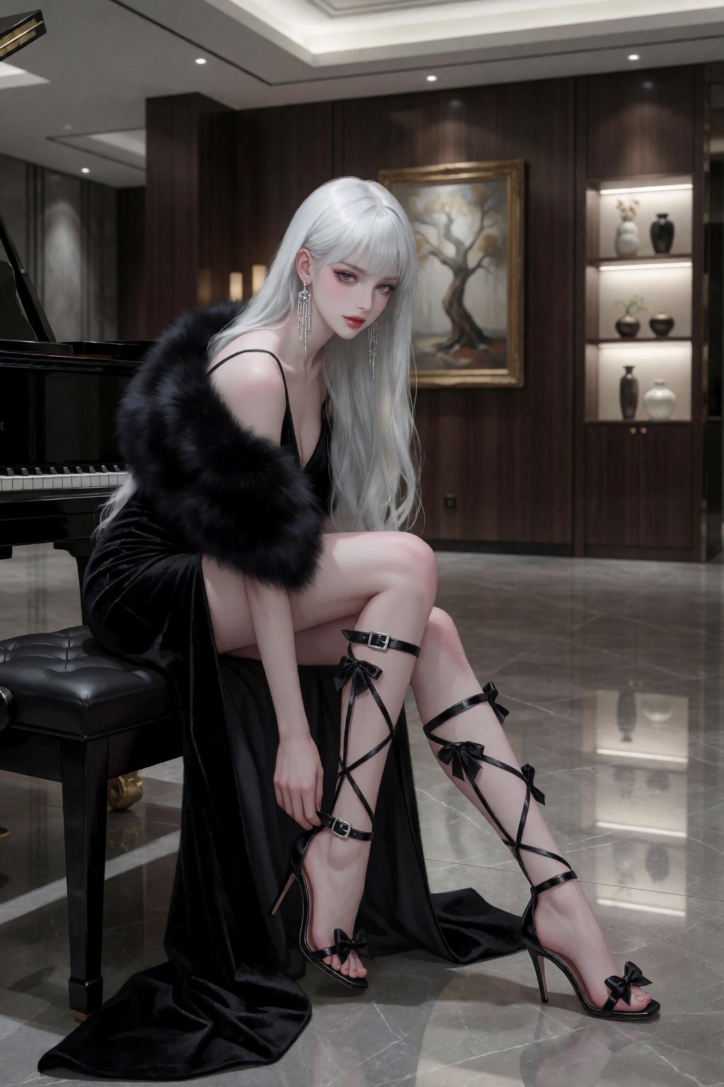 A full-shot image of a doll faced woman with very long white hair,  straight sidebangs,  seated on a black bench next to a...