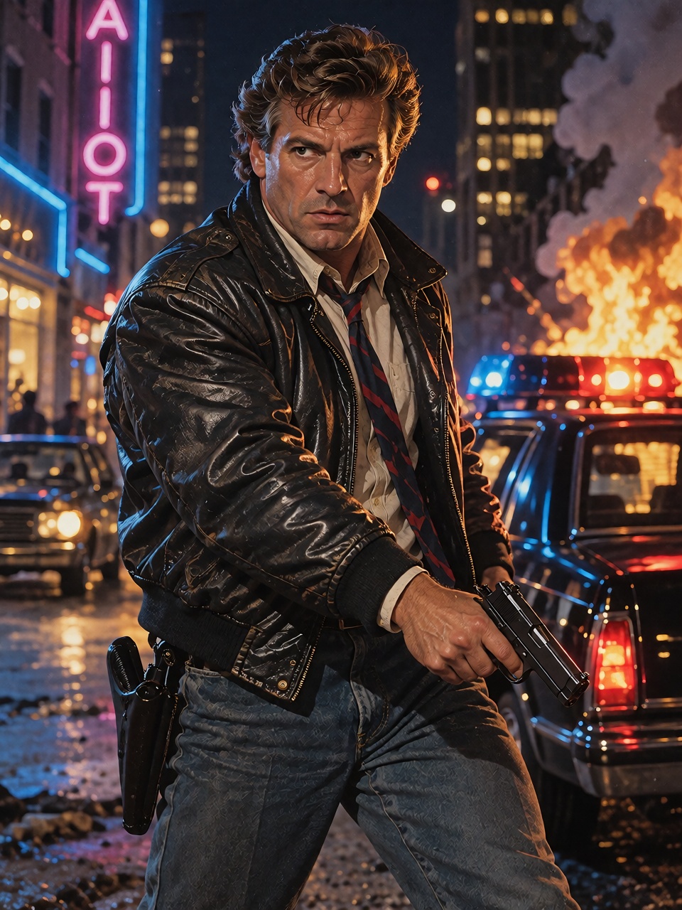 an original 1980s action movie poster,  a tough ***** detective in a leather jacket holding a pistol,  neon city at night...