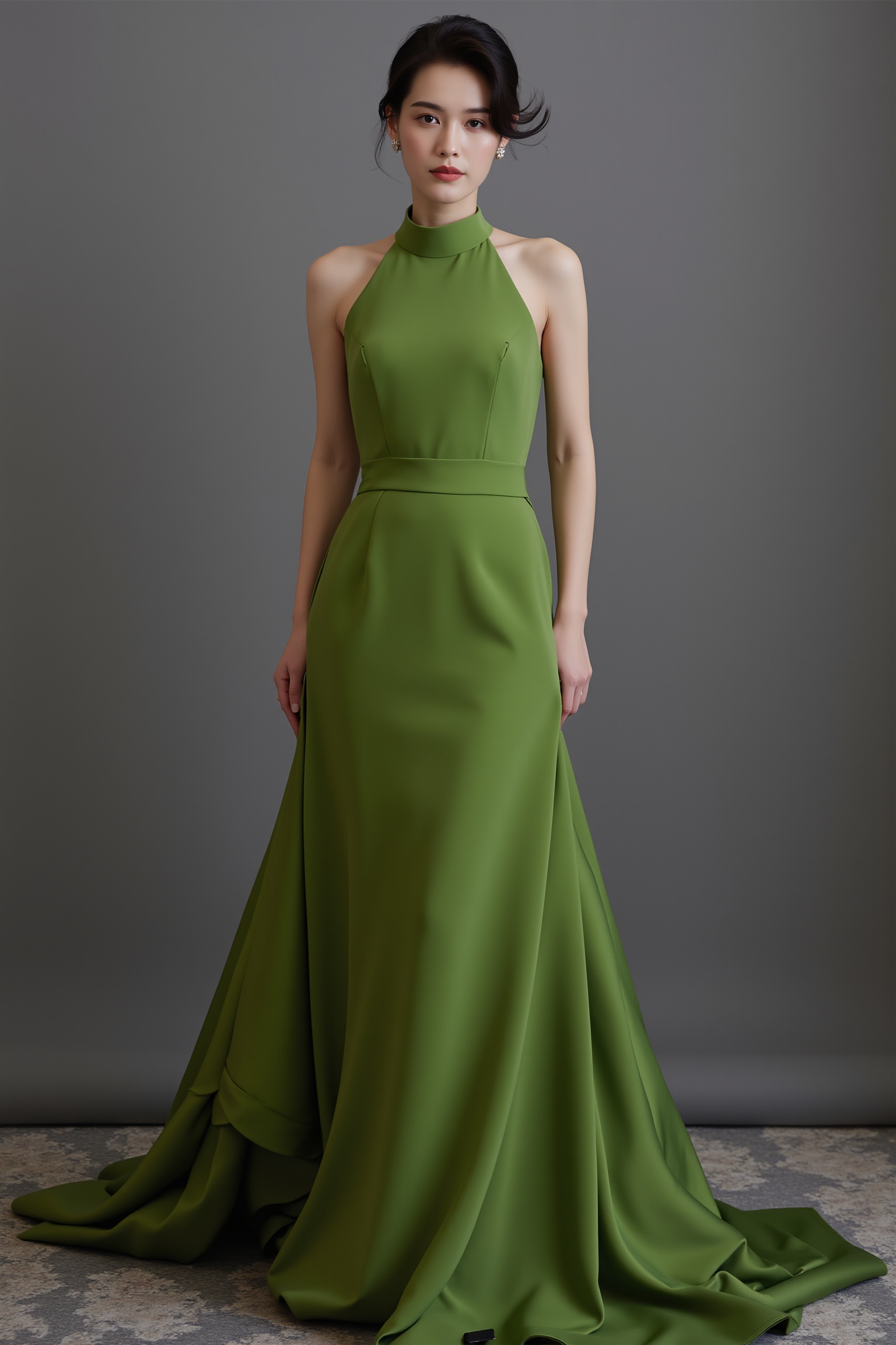 tianhai girl, photograph, elegant woman in a green satin gown, seated gracefully on a floral-patterned floor, soft lighting, serene expression, dark hair styled in loose curls, delicate earrings, hand resting on her lap, muted gray background, subtle floral patterns on the floor.<lora:光影人像v2.0:0.8>