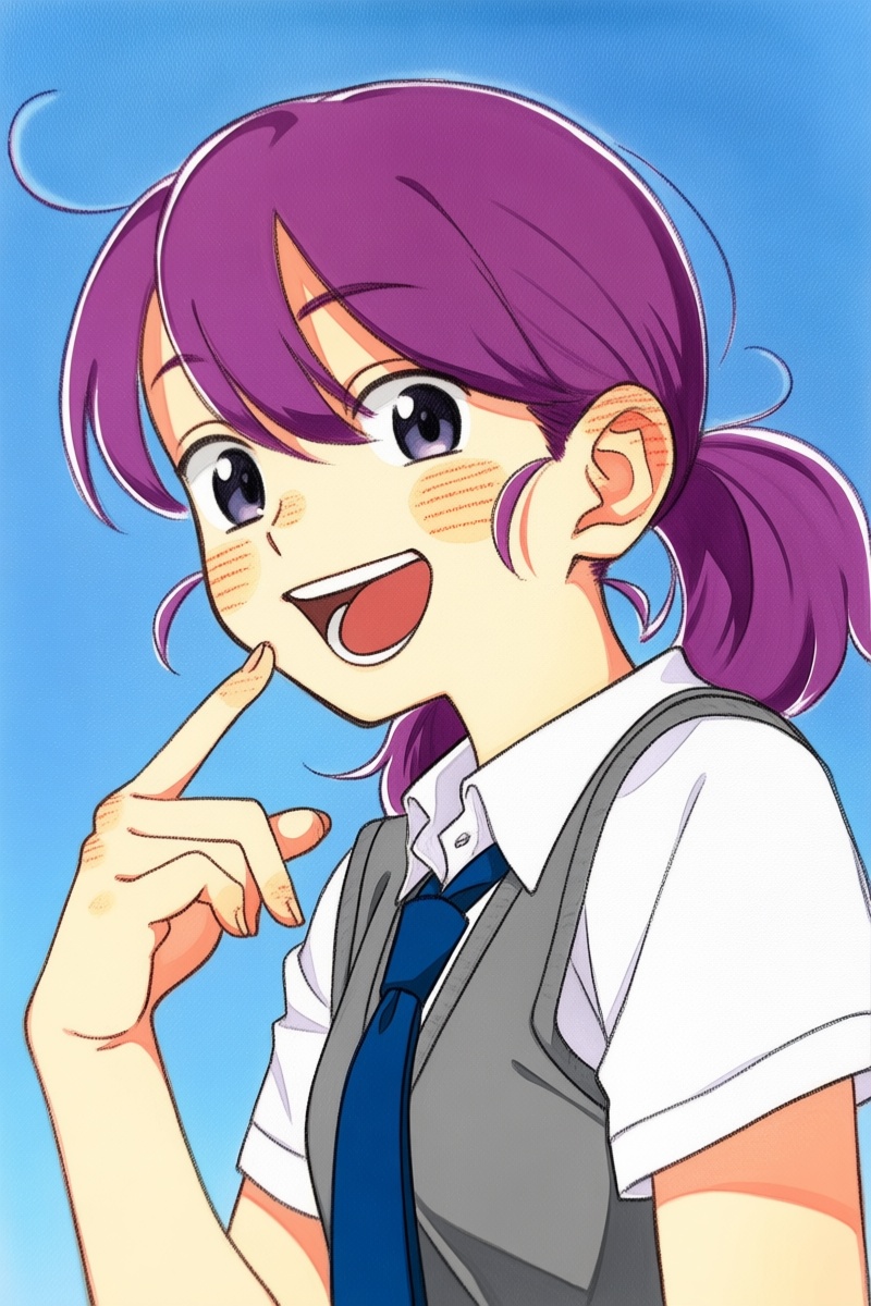@nnsst,  A drawing of a young girl with purple hair tied in a low ponytail,  smiling widely and looking at the viewer. She...
