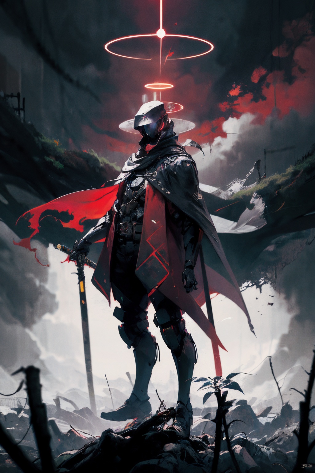 (masterpiece:1.2),best quality,PIXIV,Apocalypse Aso,halo,dark background,holding sword,Bamboo hat,Cape,black background,zotac,<lora:Apocalypse Aso_20240119162949:1>,