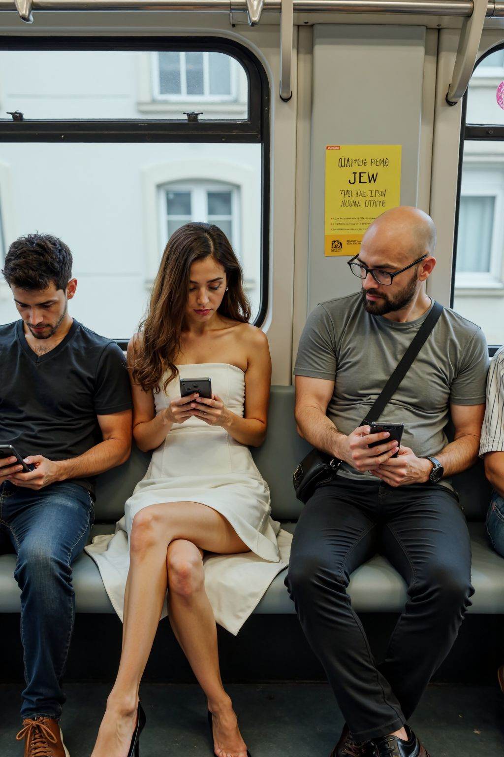 The image captures a diverse group of individuals seated on the train,all engrossed in their smartphones. The central figure is a young woman with a fair complexion,long brown hair,and a slender physique. She is dressed in a strapless white knee-length dress with a wide, which accentuates her small bust and slender frame. Her legs are crossed,and she is wearing black high-heeled shoes. She is holding her smartphone in both hands,her expression focused and slightly pensive. To her right,a bald man with glasses and a fair complexion is dressed in a grey T-shirt and dark pants. He also holds a smartphone and has a black bag slung over his shoulder. To her left,a man with a medium complexion and short hair is dressed in a dark shirt and pants,also holding a smartphone. The subway car has a modern,clean design with grey and white tones,and the windows are large,allowing natural light to filter in. The seats are grey,and the overhead handrails are metallic. Posters and advertisements are visible on the walls,adding to the urban atmosphere.