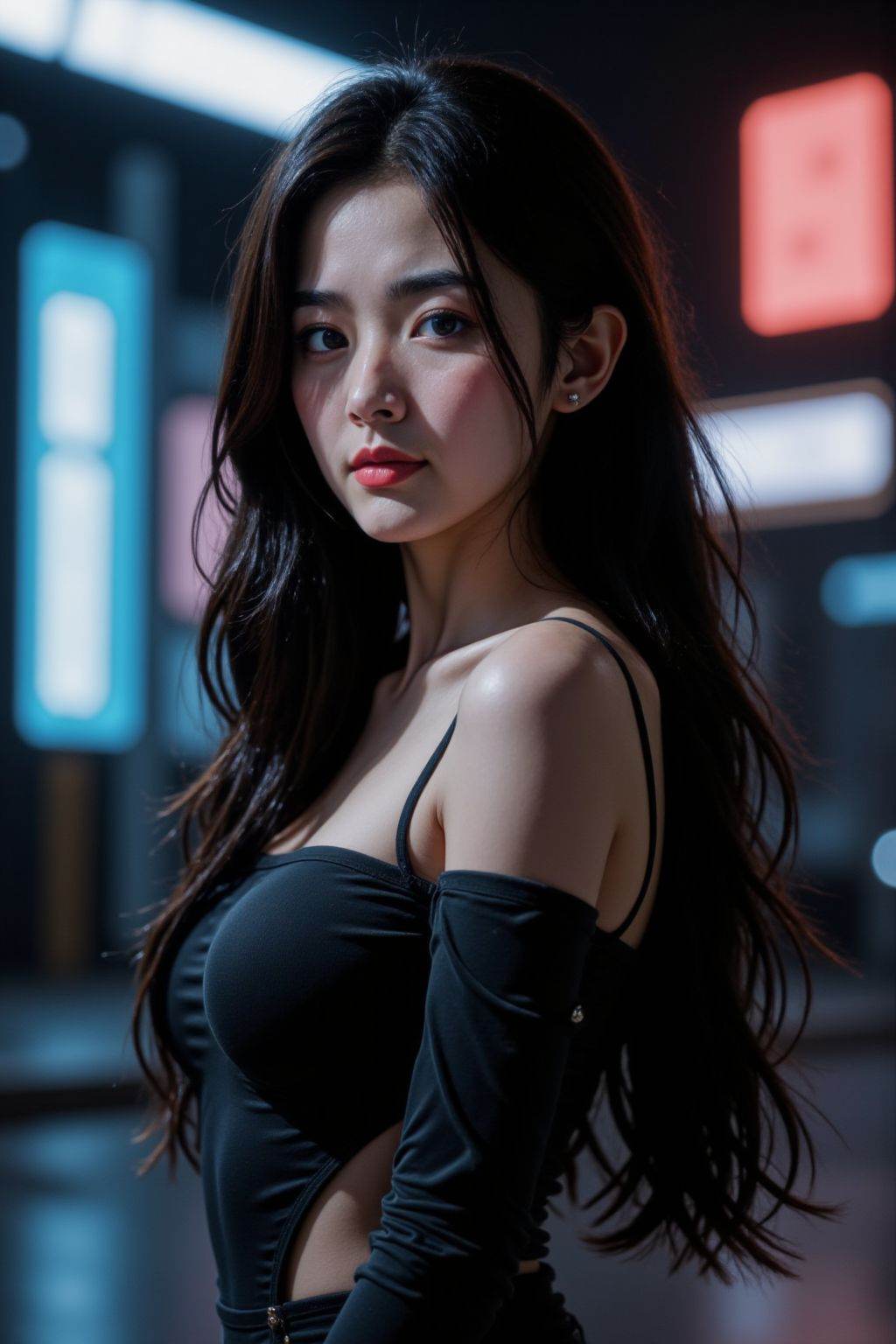 HDR photo of cinematic film still 1girl, solo, long hair, breasts, looking at viewer, black hair, dress, bare shoulders, medium breasts, closed mouth, standing, detached sleeves, blurry, black dress, lips, blurry background, side slit, realistic, cyberpunk, neon lights, . shallow depth of field, vignette, highly detailed, high budget, bokeh, cinemascope, moody, epic, gorgeous, film grain, grainy . High dynamic range, vivid, rich details, clear shadows and highlights, realistic, intense, enhanced contrast, highly detailed