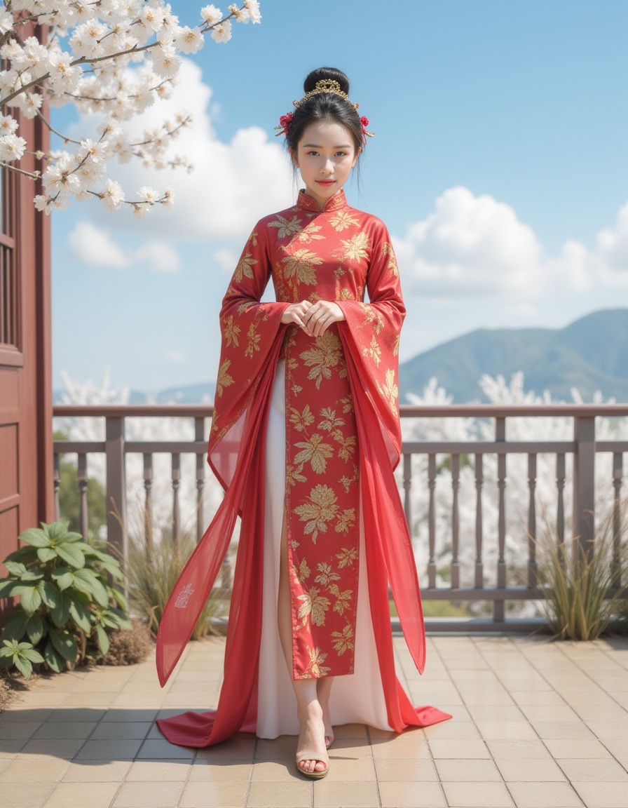 1girl,full body,realistic,long sleeves,wide sleeves,chinese dress,outdoors,