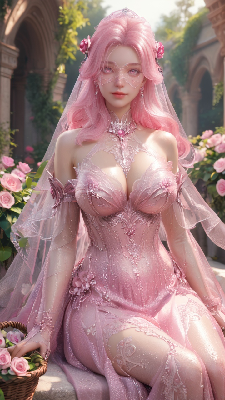 supermodel,score_8_up,score_7_up,hyperdetailed,hyperrealistic,volumetric lighting,focus on face,textured skin,eye lighting,SkinHairDetail,zPDXL,very attractive,Expressiveh,realistic skin,score_9,score_8_up,score_9,score_8_up,1 girls,high cold face,yujie,perfect round large,breasts,jewelry,beautiful eyes,detailed eyes,shiny_skin,<lora:1wphj:0.8>,bare shoulders,detached sleeves,dress,flower,hair ornament,jewelry,long hair,pink dress,pink hair,rose,see-through,veil,sitting on a basket of flowers,