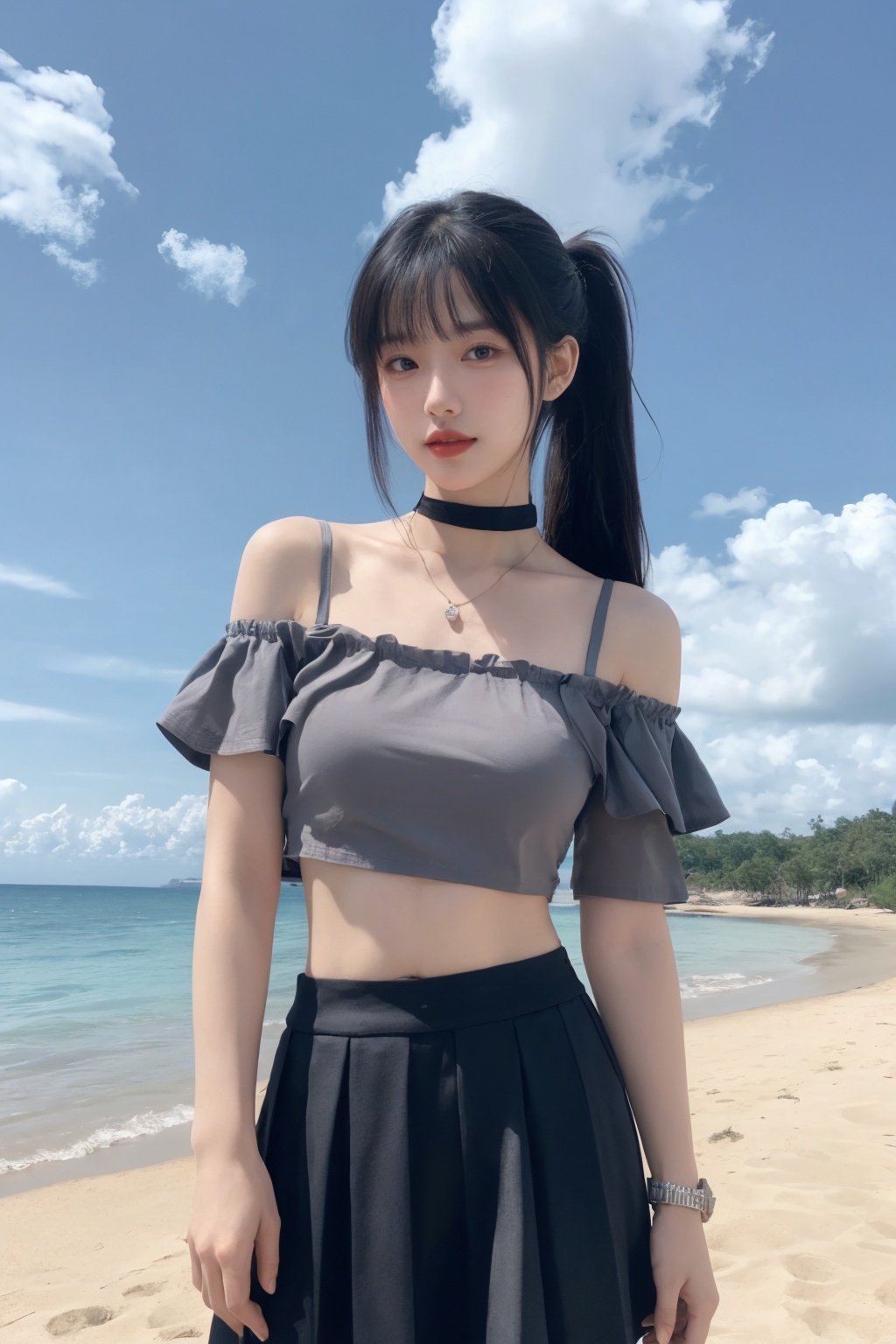 1girl,beach, black choker, black skirt, blue hair, blue sky, bra strap, bracelet, breasts, choker, cloud, cloudy sky, cowboy shot, crop top, cross, day, hair ribbon, jewelry, lips, long hair, looking at viewer, midriff, navel, necklace, ocean, off-shoulder shirt, off shoulder, outdoors, pleated skirt, ribbon, shirt, skirt, sky, smile, solo, standing, twintails,<lora:美女:0.8>