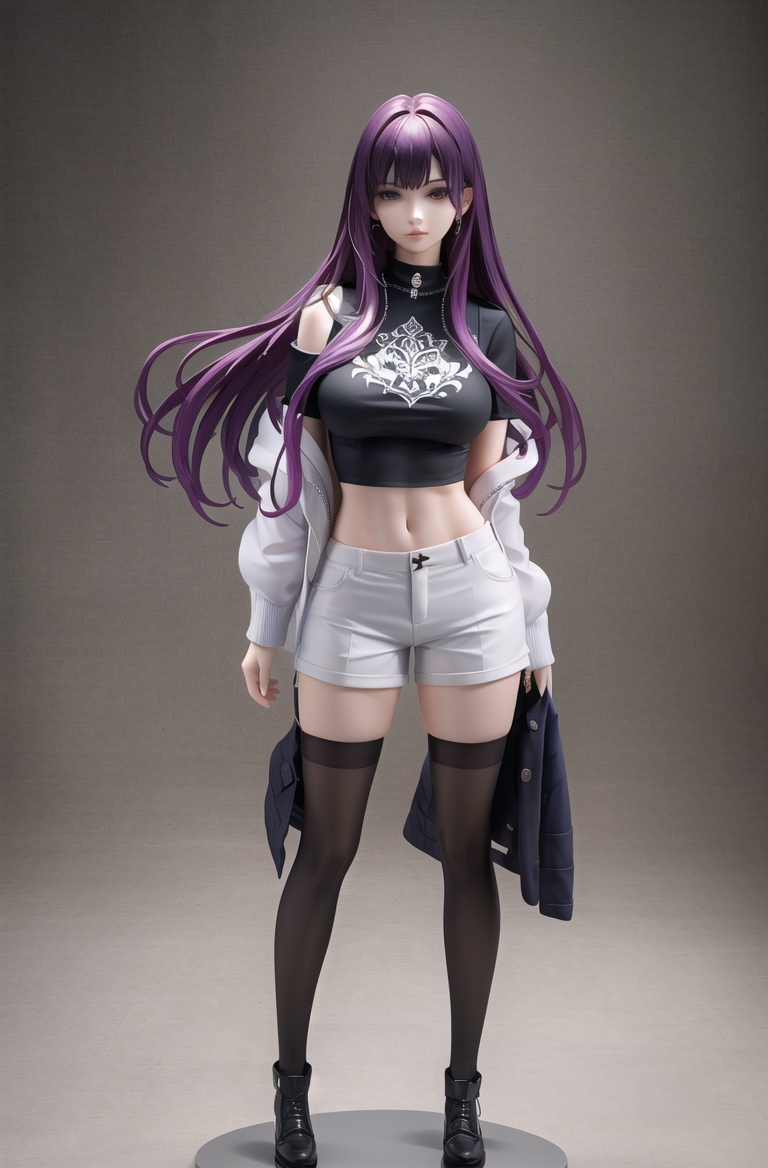 (best quality:1.5),(masterpiece:1.5),excellent facial detailing,intricate detail,great textures,(ultra high res),photorealistic,realistic,killer,PVC figure,1girl,solo,(white shorts),long hair,breasts,shorts,thighhighs,tattoo,jacket,shirt,large breasts,standing,purple hair,black shirt,looking at viewer,(black thighhighs),navel,midriff,off shoulder,full body,short shorts,short sleeves,crop top,purple eyes,<lora:killer手办模型-000006:0.7>,(white masks),