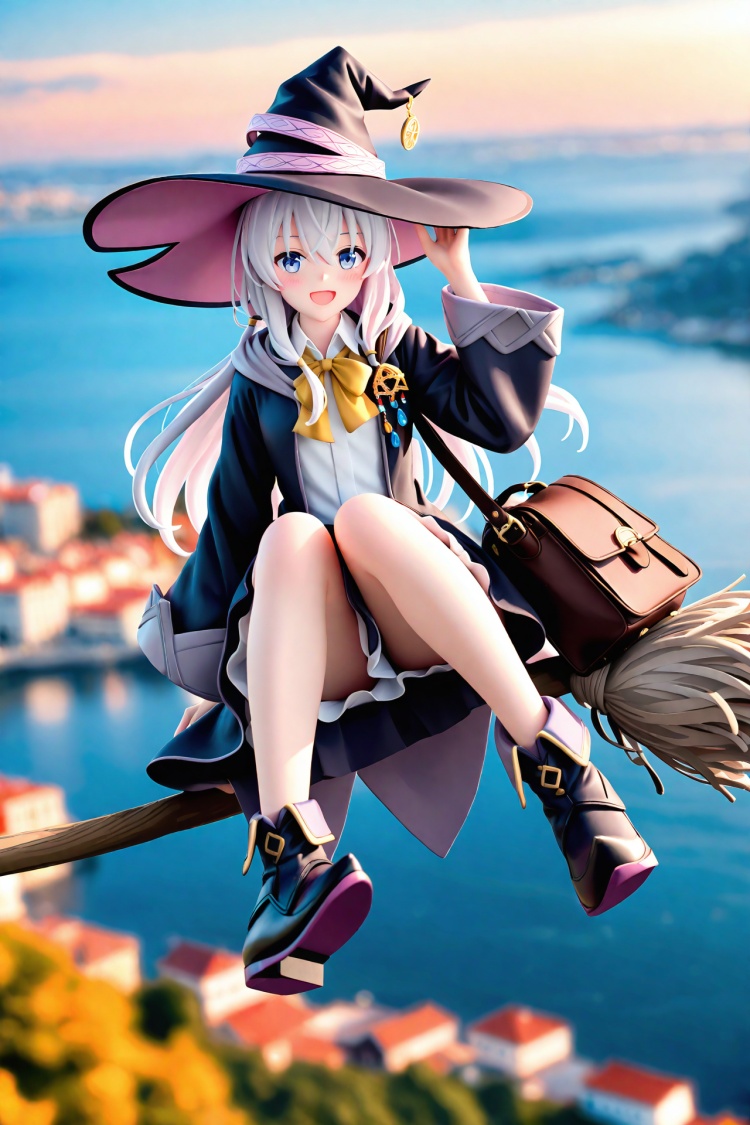 masterpiece,best quality,illustration,ultra detailed,hdr,Depth of field,(colorful),PVC Style,1girl,broom riding,hat,broom,elaina (majo no tabitabi),solo,long hair,witch hat,shirt,black headwear,white shirt,hand on headwear,sidesaddle,open mouth,black footwear,skirt,witch,smile,bow,bag,grey hair,long sleeves,blurry,outdoors,collared shirt,black skirt,hair between eyes,looking at viewer,wide sleeves,pointy footwear,robe,blurry background,sky,grey eyes,:d,bowtie,white hair,boots,full body,open clothes,depth of field,yellow bow,blush,blue eyes,