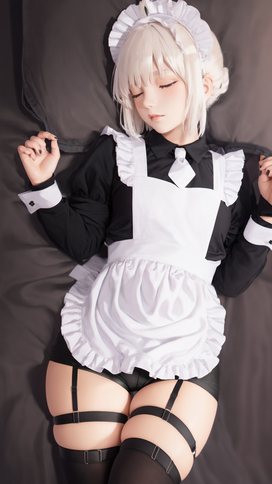 tutututu,apron,long sleeves,maid,maid apron,puffy sleeves,maid headdress,black shorts,black thighhighs,thigh strap,garter straps,<lora:tutututu_20240129122144-000005:0.85>,(masterpiece, best quality, high resolution),white hands emerging from a singularity,sleeping face,many hands,vortex,intricate detail,8k,hdr,