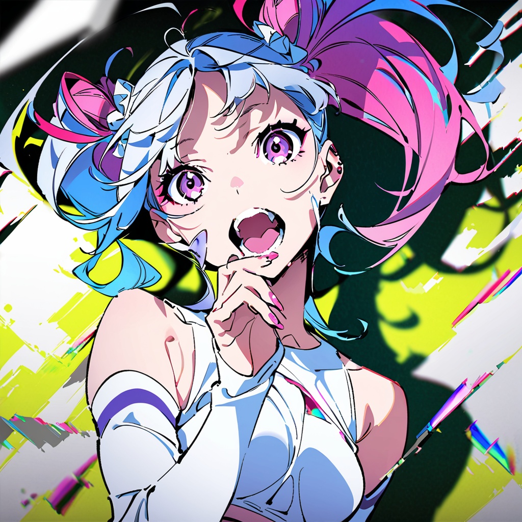 masterpiece, best quality, <lora:yoneyama-a31:1>,yoneyama mai, 1girl, solo, pink nails, open mouth, long hair, pink eyes, looking at viewer, white hair, hair bun, nail polish, fingernails, twintails, double bun, upper body, bangs, blue hair, floating hair, shirt, bandaid, glitch, white shirt, teeth, detached sleeves, grey hair, purple eyes, pink hair