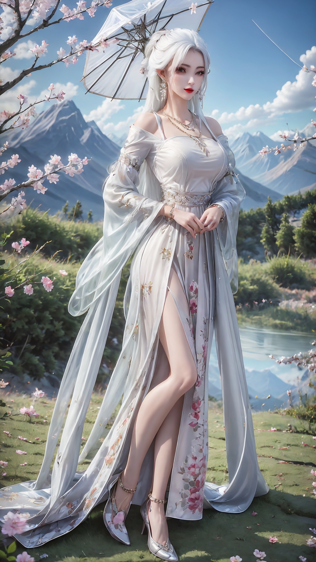 1girl,umbrella,solo,dress,white dress,holding umbrella,jewelry,long hair,holding,outdoors,chinese clothes,mountain,earrings,necklace,long sleeves,white hair,<lora:girl miaojiangxiaobai_20240912173536:0.7>,