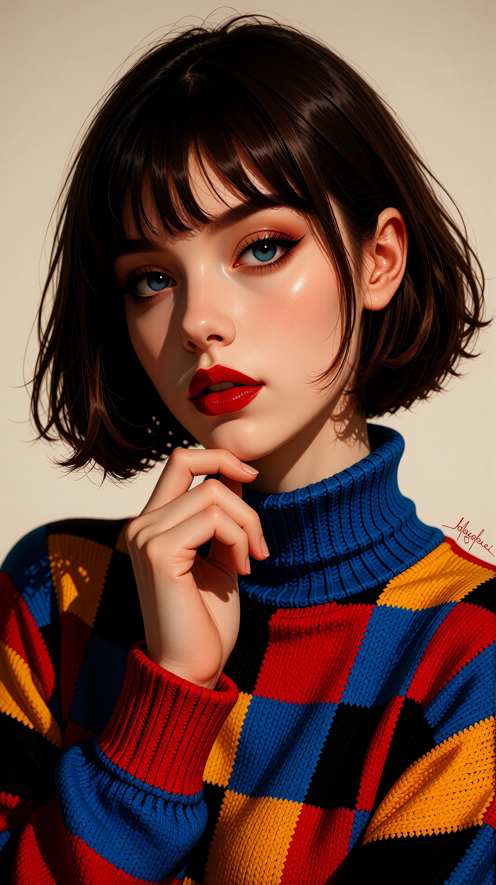 A realistic digital painting of a ***** woman with a bob haircut,  painted in vibrant colors such as red,  blue on Tensor.Art