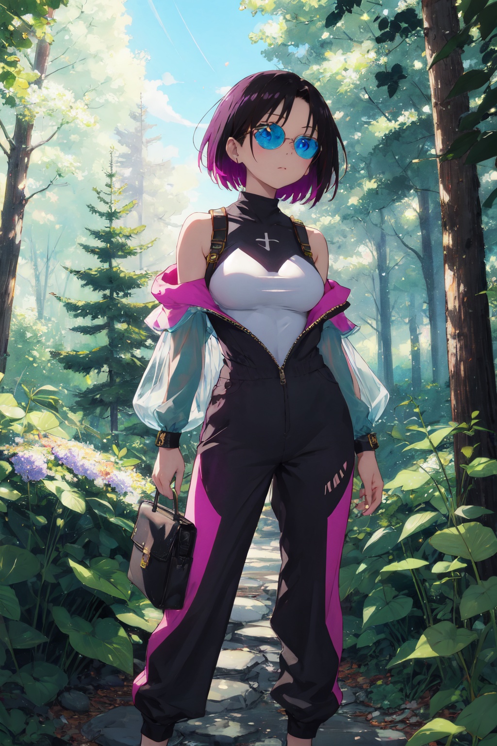 <lora:Elma-000013:0.8>,Elma CYQL,1girl,looking at viewer,solo,short hair,black hair,purple hair,multicolored hair,gradient hair,blue eyes,Cropped jumpsuit, wedge sandals, shoulder bag, cuff bracelet, sunglasses,giggling,cowboy_shot,Dense trees intertwine to form a dark green canopy, where sunlight struggles to penetrate. Winding forest paths lead through, and occasional beams illuminate mushrooms and ferns,(Rose bushes, Trellises, Garden path, Rose fragrance, English elegance, Rose petals:0.5),beautiful detailed sky,beautiful detailed glow,posing in front of a colorful and dynamic background,masterpiece,best quality,beautiful and aesthetic,contrapposto,female focus,wallpaper,