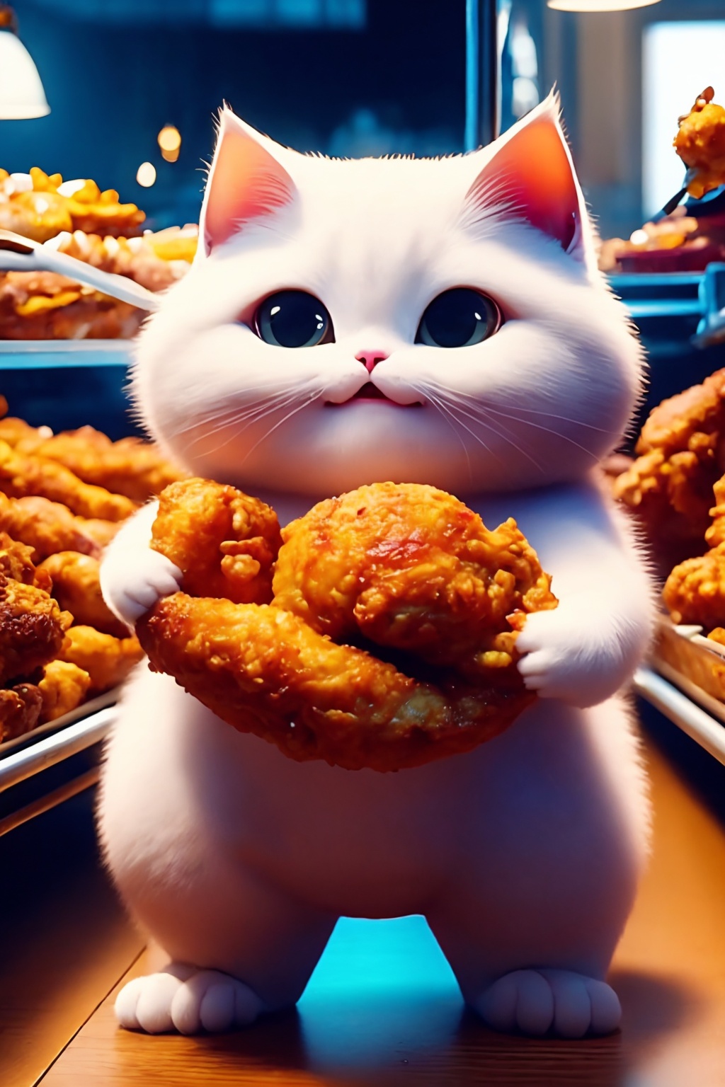 animal focus, food, no humans, eating, white cat, hood, big eyes, animal, holding, solo, indoors, fried chicken legs, holding food, eat happily<lora:Again_Cat_Lora:1>