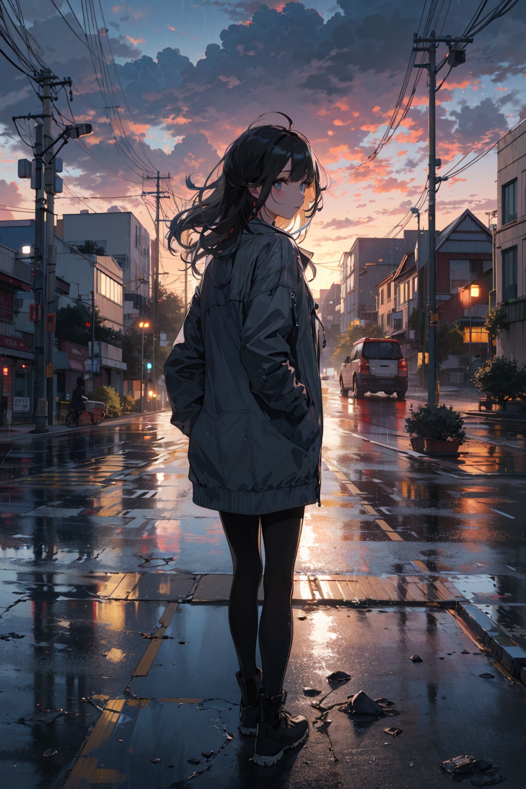 masterpiece,best quality,(ray tracing, cinematic lighting),ex-light,(central composition, Centered Composition and Symmetry:0.6),(back to camera:1.3),backlight,1girl,((solo)),black long hair,messy hair,jacket,pantyhose,rainy day,Cumulonimbus Cloud,(put hands in pockets),(outdoors, rain, sky, deserted streets, watered-down pavements, crossroad, fork in the road),tall buildings,bell towers,glass,reflections,streetlights,sunset,Tyndall Effect,