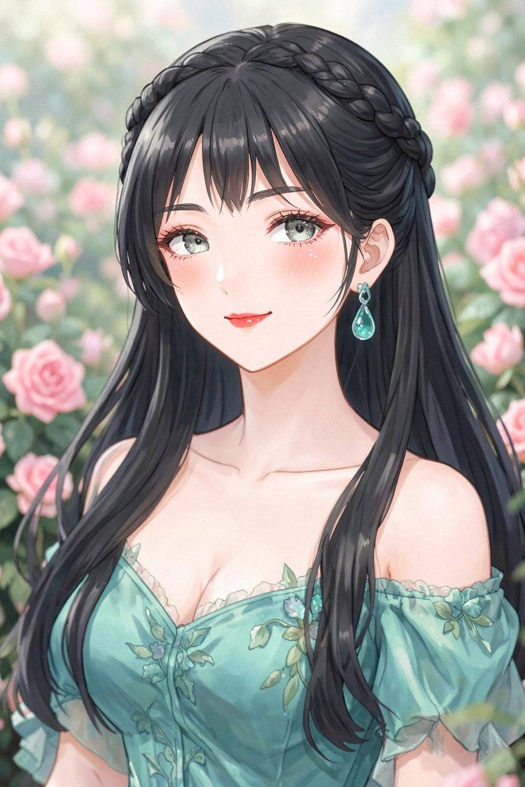 <lora:20260210_TinFlux2KleinAnimeLora2:0>, A portrait of a young Asian woman, rendered in a soft, idealized anime style. The woman appears in her early twenties, fair-skinned, with large, expressive gray-green eyes, subtly enhanced with makeup. Her long, flowing black hair is styled with a braided crown and cascading strands. She wears an elegant, ethereal teal-green dress with off-the-shoulder sleeves and a delicate neckline. The outfit is adorned with floral accents. Her lips are full and painted a vibrant red, and her cheeks are softly blushed. She wears a single earring with a teardrop-shaped turquoise accent. Her expression is serene and gentle, with a slight, inviting smile. She's surrounded by a field of soft pink roses, out of focus in the background. The lighting is soft and diffused, creating a dreamy, romantic atmosphere. The composition uses a shallow depth of field, bringing the woman into sharp focus while blurring the background. The overall mood is peaceful and idyllic, with a touch of fantasy. The image is reminiscent of romanticized classical paintings.