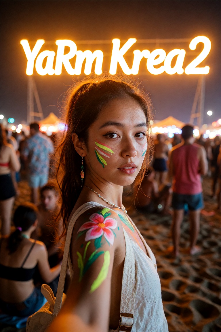 A young Japanese woman,  20 years old,  stands center-frame at night under warm orange neon lights spelling "YaRm Krea 2"...