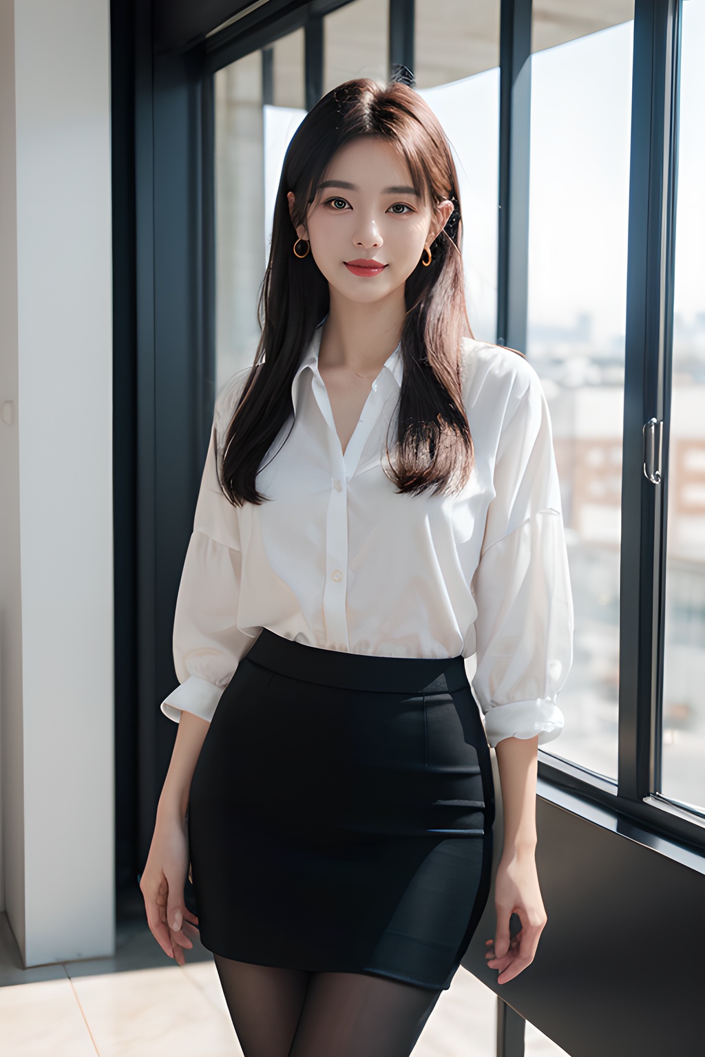 <lora:0827_01:0.7>simple background, (global illumination,  reality, ray tracing,  HDR,  unreal rendering,  reasonable design,  high detail,  masterpiece, best quality,  ultra high definition,  movie lighting),1girl,solo,smile,realistic,looking at viewer,long hair,makeup,upper body,<lora:z_Cloth_SenLuo_office lady_1_KEEPCHAR_1_DEFACE:0.55>,upper body,office lady,white shirt,black skirt,pencil skirt,pantyhose,white skin,pale skin,cinematic_lighting,frontlight,Volumetric  Lighting,(EOS R8,50mm,F1.2,8K,RAW photo,,, 1girl,realistic,masterpiece, best quality, photorealistic, HDR,detail