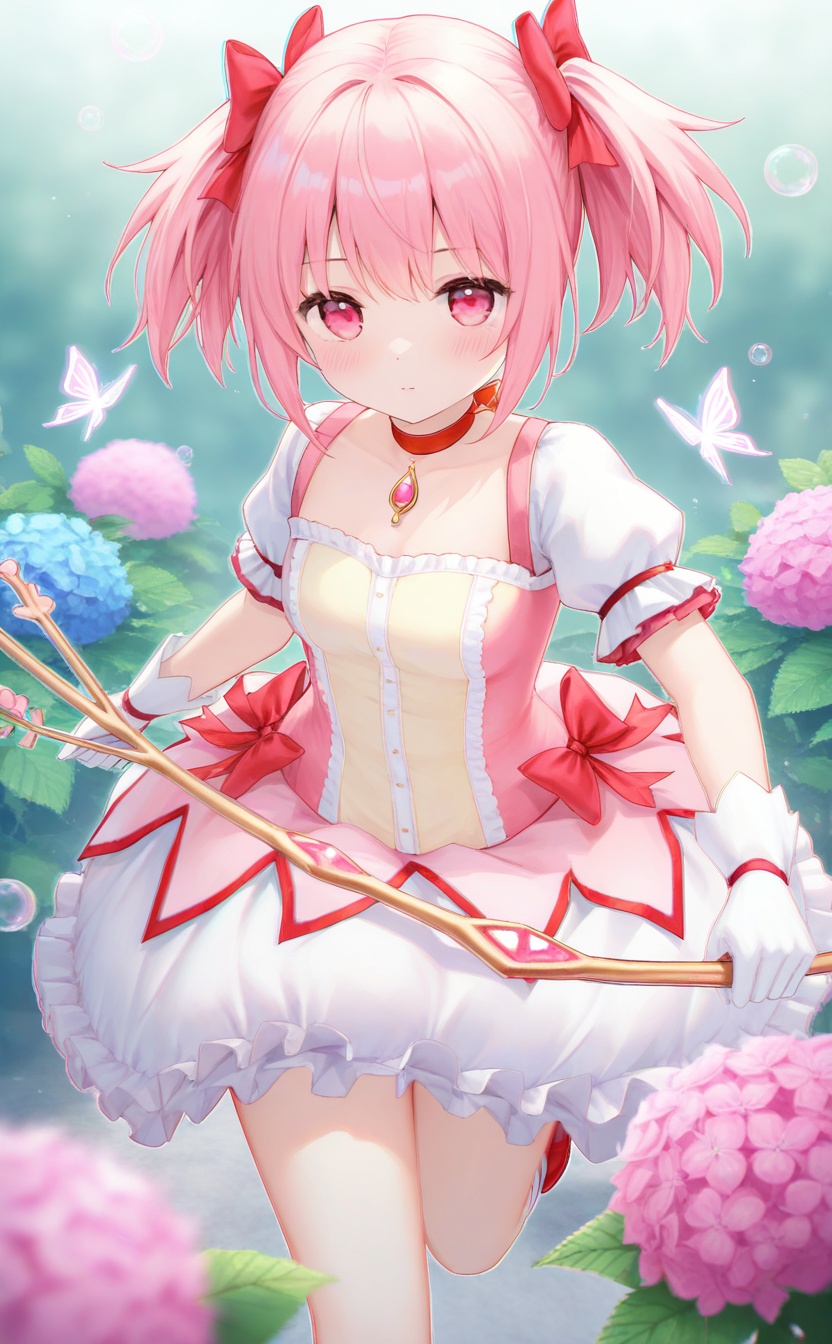 <lora:xiaoyuan:0.8>,<lora:guizhencao-style:0.2>,guizhencao style,masterpiece,absurdres,best quality,high quality,chromatic_aberration,//,1girl,solo,looking at viewer,bug,portrait,blush,blurry,plant,pink flower,blurry background,hydrangea,leaf,blurry foreground,//,xiaoyuan,1girl,solo,magical girl,pink eyes,pink hair,short hair,short twintails,twintails,choker,hair bow,bow,bow \(weapon\),gloves,ribbon,weapon,white gloves,bubble skirt,shoes,skirt,socks,