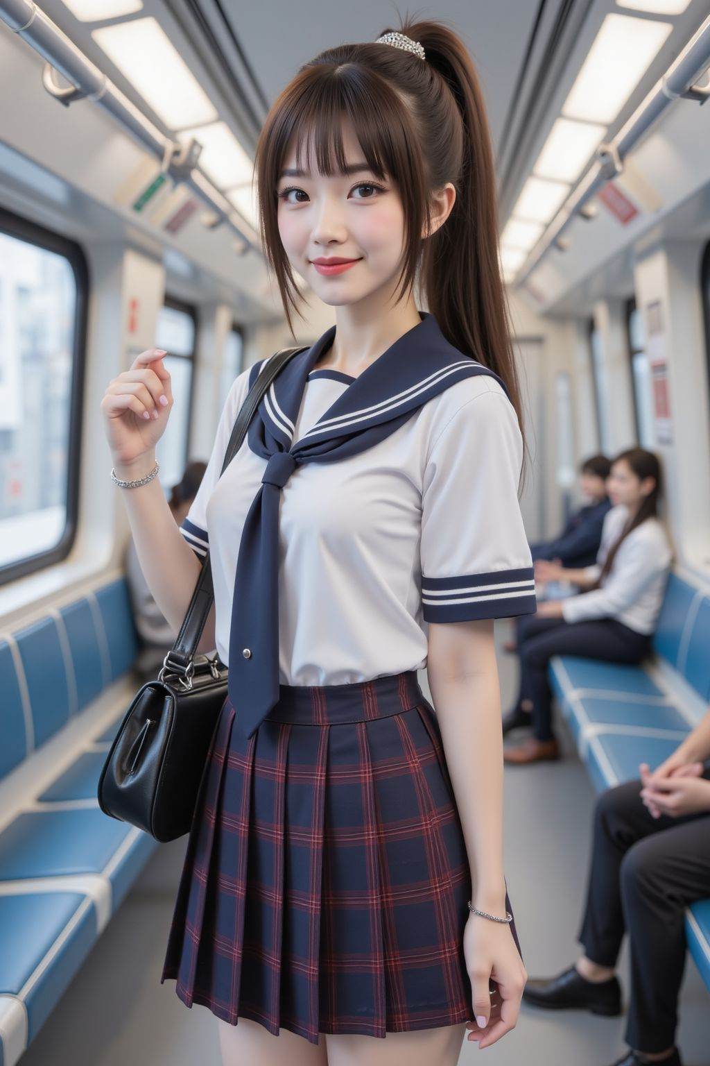 The image is a high-resolution photograph taken inside a modern, brightly lit subway car. The subject is a young Asian woman with fair skin, straight brown hair styled in a high ponytail with bangs framing her face. She has a slender physique and is wearing a traditional Japanese schoolgirl uniform, which includes a white short-sleeved blouse with a navy blue collar and a navy blue pleated skirt with a red plaid pattern. Her skirt is short, reaching just above her knees, and she carries a black leather handbag on her left shoulder.The woman's expression is neutral, with a slight smile, and she is looking directly at the camera. Her makeup is subtle, featuring light eyeshadow, mascara, and pink lipstick. She has a delicate bracelet on her right wrist.The background shows other passengers seated on blue and gray upholstered benches along the walls of the subway car. The subway car has a modern design with white ceilings, fluorescent lighting, and large windows on the sides, allowing natural light to filter in. The floor is a smooth gray material, and the seats are arranged in a linear fashion along the walls. The overall ambiance is clean and orderly, typical of a modern public transportation setting.