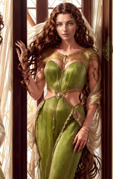 half length shot,  In Sergey Piskunov's evocative style,  art of j3nn1f3r8 cyborg with long brown hair on Tensor.Art