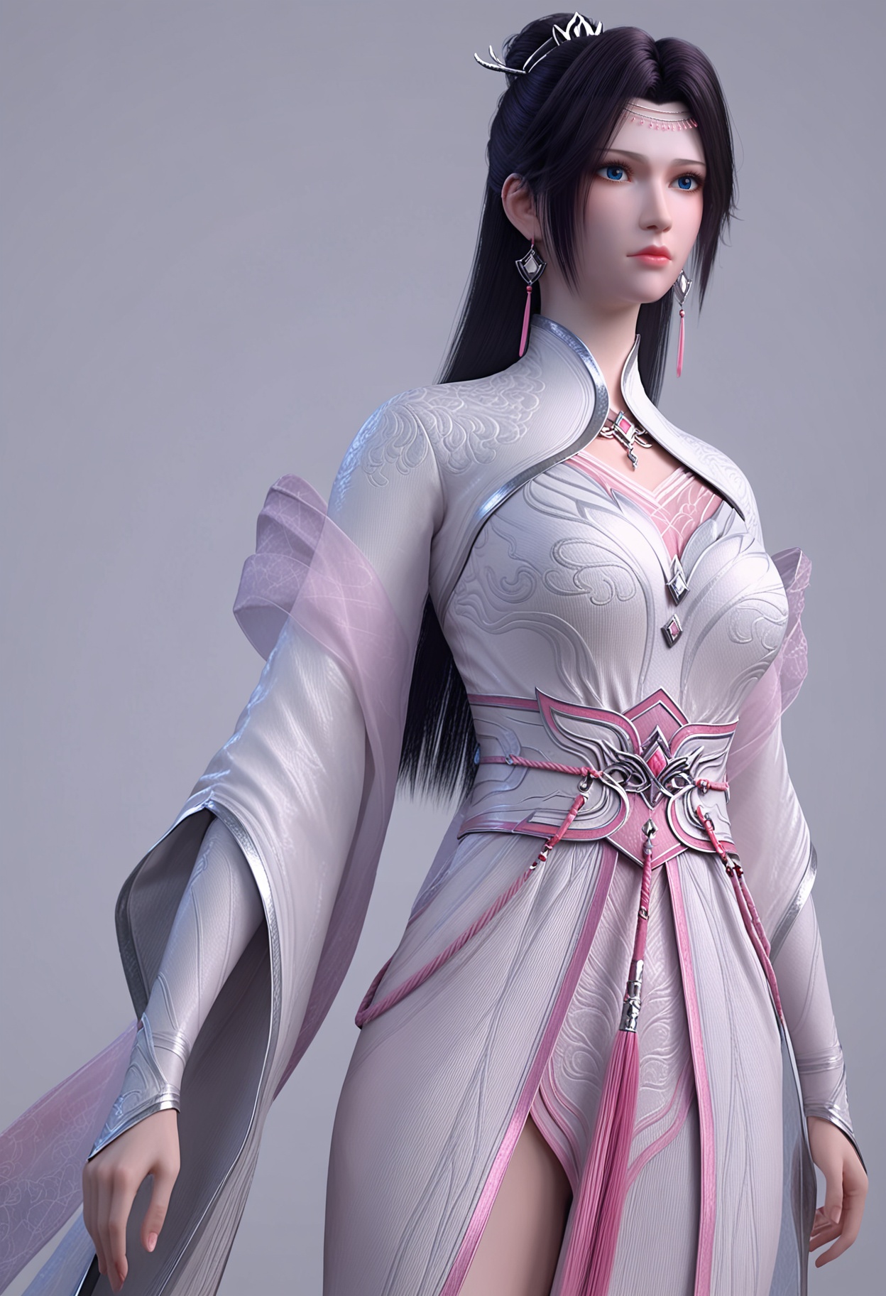 score_9,high detail,best quality,shiny skin,shiny,yunyunhz,1girl,solo,blue eyes,long hair,black hair,white background,dress,jewelry,earrings,chinese clothes,simple background,closed mouth,realistic,hair ornament,white dress,expressionless,hair bun,tassel,long sleeves,looking at viewer,thighs,<lora:QQSponyyunyunhzV1:0.8>,<lora:Pony_DetailV2.0:0.8>,<lora:皮肤凹痕:0.1>,