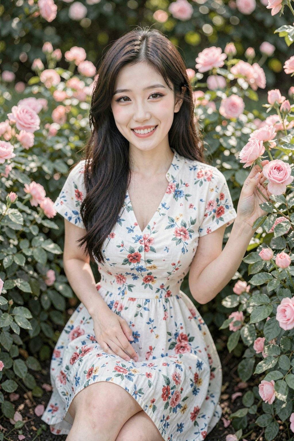 This is a high-resolution photograph of a young Asian woman with a fair complexion and long, wavy, dark brown hair. She is smiling brightly, revealing her straight white teeth, and is positioned slightly crouching among a lush garden of blooming pink roses and green foliage. Her attire consists of a short-sleeved, white dress adorned with a colorful floral pattern featuring red, blue, and yellow flowers. The fabric of her dress appears soft and slightly textured, likely made from cotton or a similar material.The woman's makeup is minimal, with a natural look that enhances her features. Her eyes are accentuated with a subtle smoky eye, and her lips are painted a soft pink. She has a slender physique, and her posture is relaxed yet poised, with her right hand gently touching a rose bush while her left hand rests on her hip.The background is filled with various shades of green and pink from the flowers and leaves, creating a vibrant and serene natural setting. The sunlight filters through the foliage, casting soft, warm light on her and the surrounding plants, adding to the peaceful and joyful ambiance of the photograph.