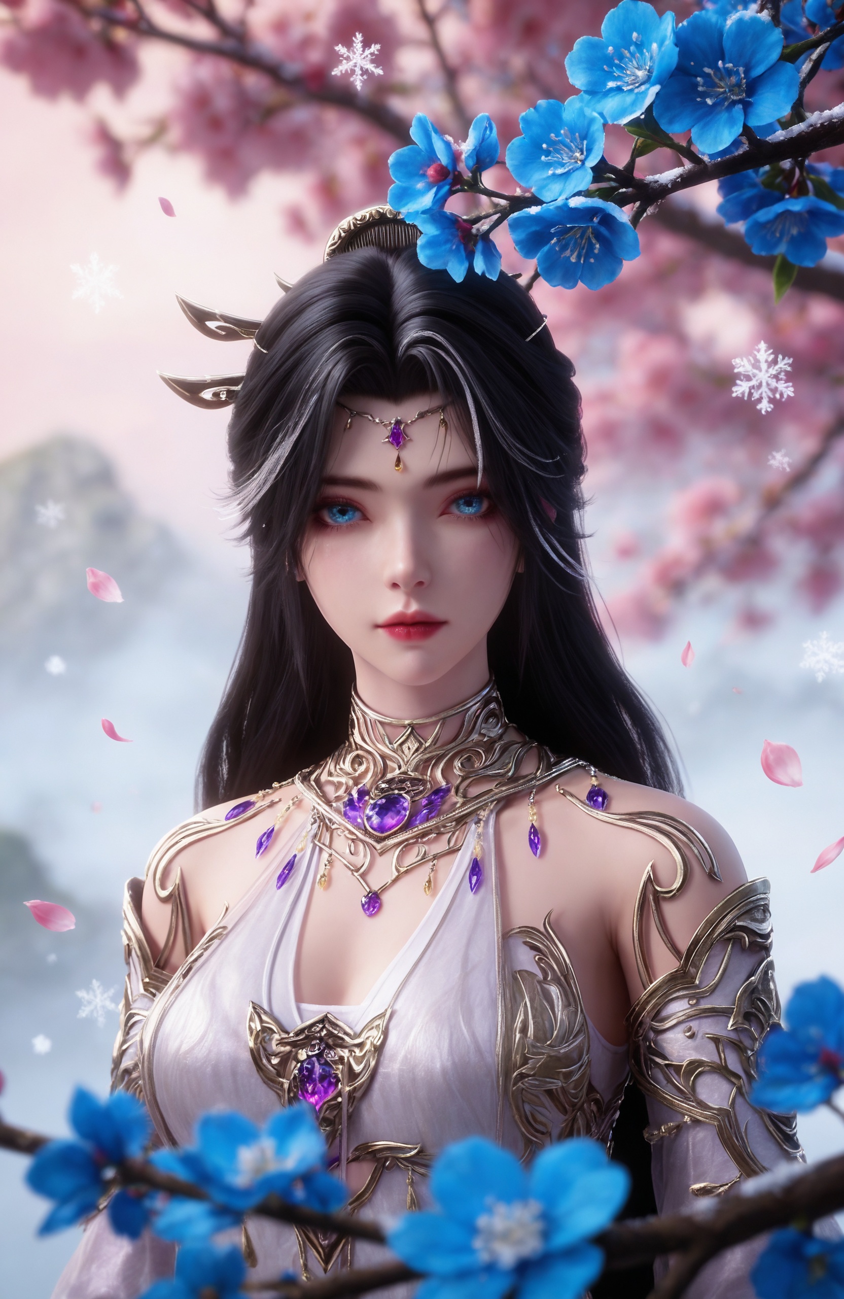 <lora:完美世界-魔女本尊IL:0.7> 1girl, long hair, black hair, hair ornament, blue eyes, hair bun, white dress, bare shoulders, detached sleeves, necklace, jewelry,,upper body,mid_shot,, masterpiece,best quality,amazing quality,very aesthetic,high resolution,ultra-detailed,absurdres,scenery,photorealistic,looking at viewer,moody lighting,peach blossom,falling petals,realistic,photorealistic details,, solo,  upper body, blue flower, looking at viewer, snowflakes, closed mouth, branch,