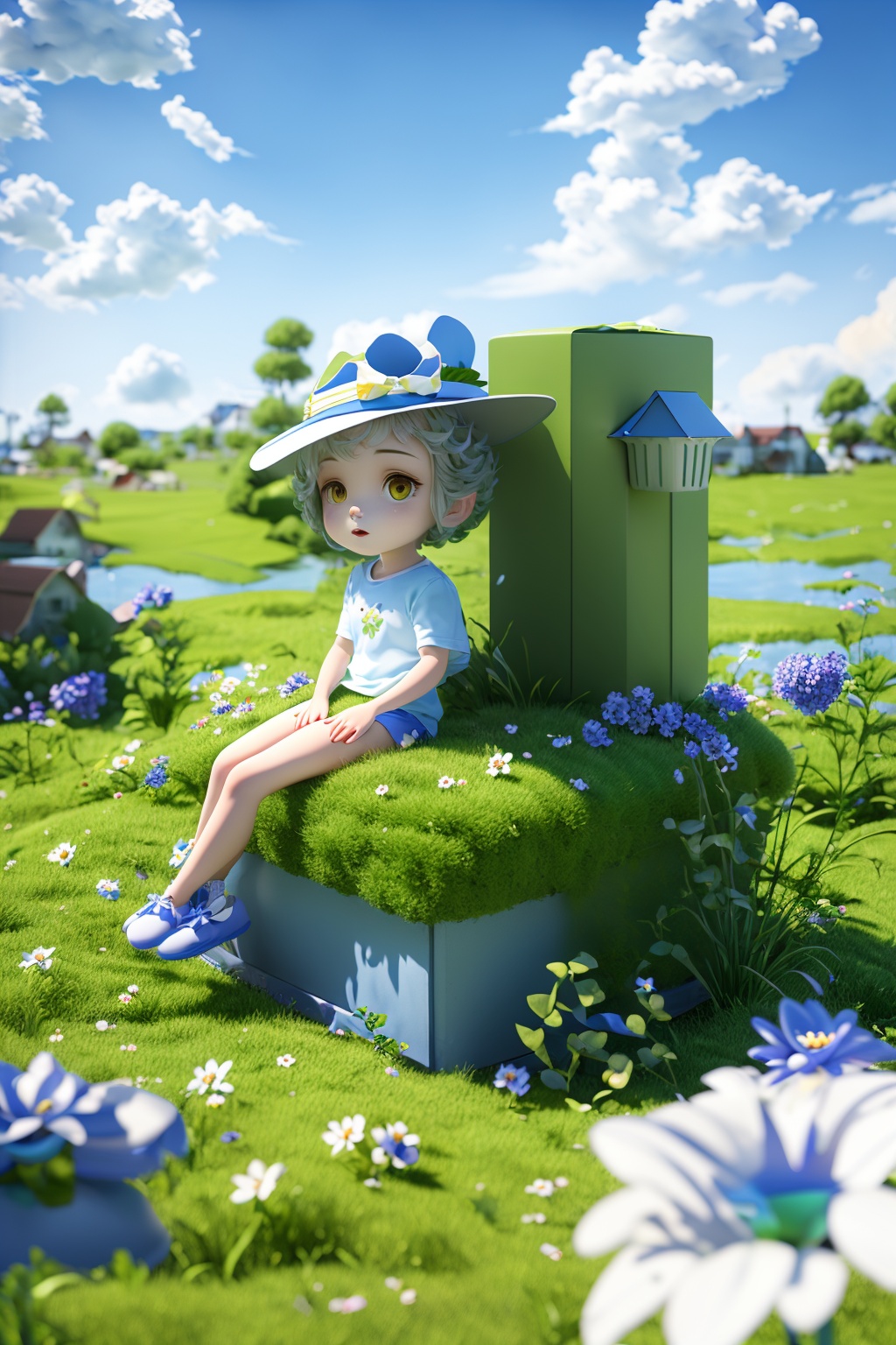 OC rendering,C4D,3D,product photography,still life,1girl,hat,flower,outdoors,sky,day,cloud,blue sky,white flower,scenery,pinwheel,
