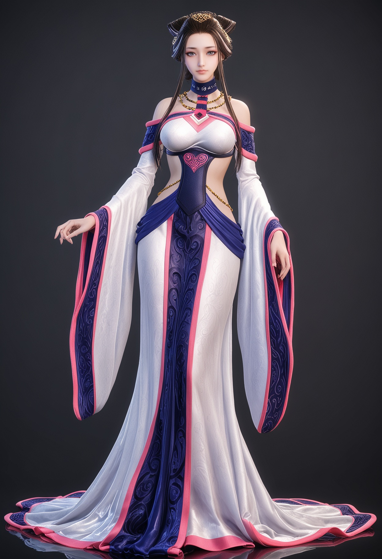 (gigantic breasts:0.6),(standing full_body:1.1),(looking at viewer:1.1),facing viewer,direct gaze,<lora:YQ_pony_xiangfuren_V4:0.8>,q1528437228,1girl,solo,long hair,black hair,jewelry,bare shoulders,necklace,hair ornament,brown hair,dress,sidelocks,wide sleeves,long sleeves,choker,hair bun,brown eyes,detached sleeves,grey eyes,blue eyes,BREAK simple background,pure black background,black background,perfect anatomy,