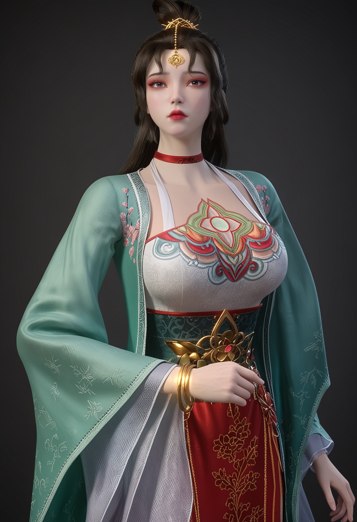 (gigantic breasts:0.6),(cowboy shot:1.1),(looking at viewer:1.1),facing viewer,direct gaze,<lora:YQ_pony_yunmo_V4:0.8>,q1528437228,1girl,solo,black hair,long hair,choker,red choker,hair ornament,dress,chinese clothes,long sleeves,jewelry,forehead mark,bracelet,wide sleeves,hair bun,brown hair,mole under eye,brown eyes,eyeshadow,red footwear,BREAK simple background,pure black background,black background,perfect anatomy,