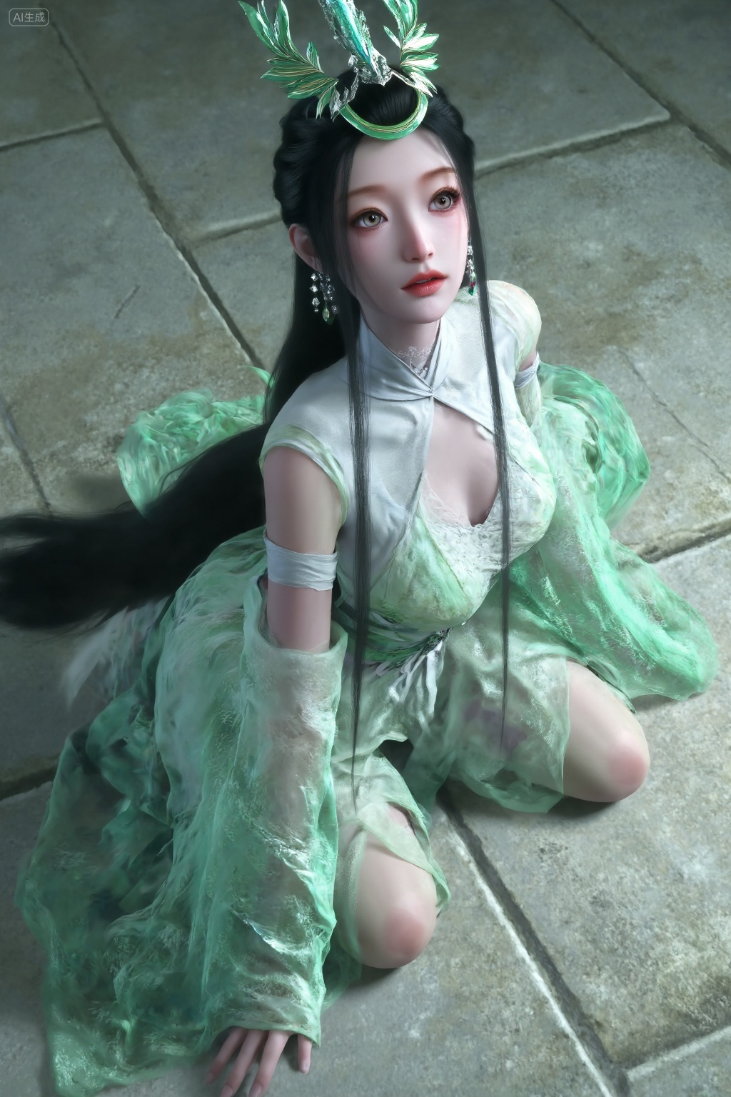 This is a CGI image of a young Asian woman with pale skin and long black hair,dressed in a flowing,ethereal white and green gown with a leafy design. She wears a crown-like headpiece with a plunging neckline,revealing ample cleavage. Her large,expressive eyes and red lips are striking.,, The character is kneeling on the ground,with one knee bent and the other leg extended. best quality,astonishing quality,ultimate aesthetics,absurd,, best quality,ultimate aesthetics,masterpiece,emotional masterpiece,extraordinary above all,mastery of details,, Negative prompt: ng_deepnegative_v1_75t,(badhandv4:1.2),EasyNegative,(worst quality:2),,nsfw, Steps: 30, Sampler: DPM++ 2M, CFG scale: 3.5, Seed: 2960043462, Size: 1024x1536, Model hash: 062dad72b2, Model: 麦橘超然majicFlus_v1.safetensors, Denoising strength: 0, RNG: CPU, Lora 1: 20250826-1756215252808-0010, Lora Hash 1: 3ac711167d, Lora Weight 1: 1.05, Lora 2: MAJICFLUS_麦橘光影约拍, Lora Hash 2: 158a204aee, Lora Weight 2: 0.7, Lora 3: 《绿野仙踪》|治愈系插画艺术, Lora Hash 3: 61e9606795, Lora Weight 3: 0.7, vae_name: automatic