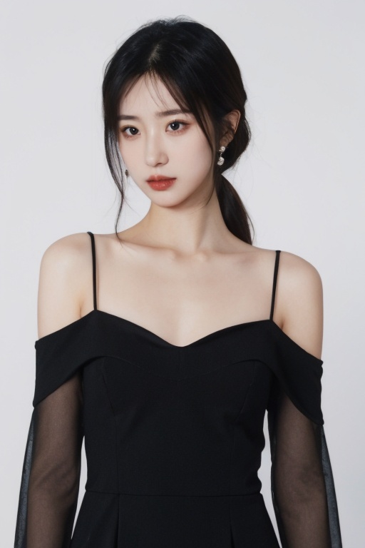 1girl,black evening dress,jewelry,upper body,white background,<lora:photo 拍立得:0.6>