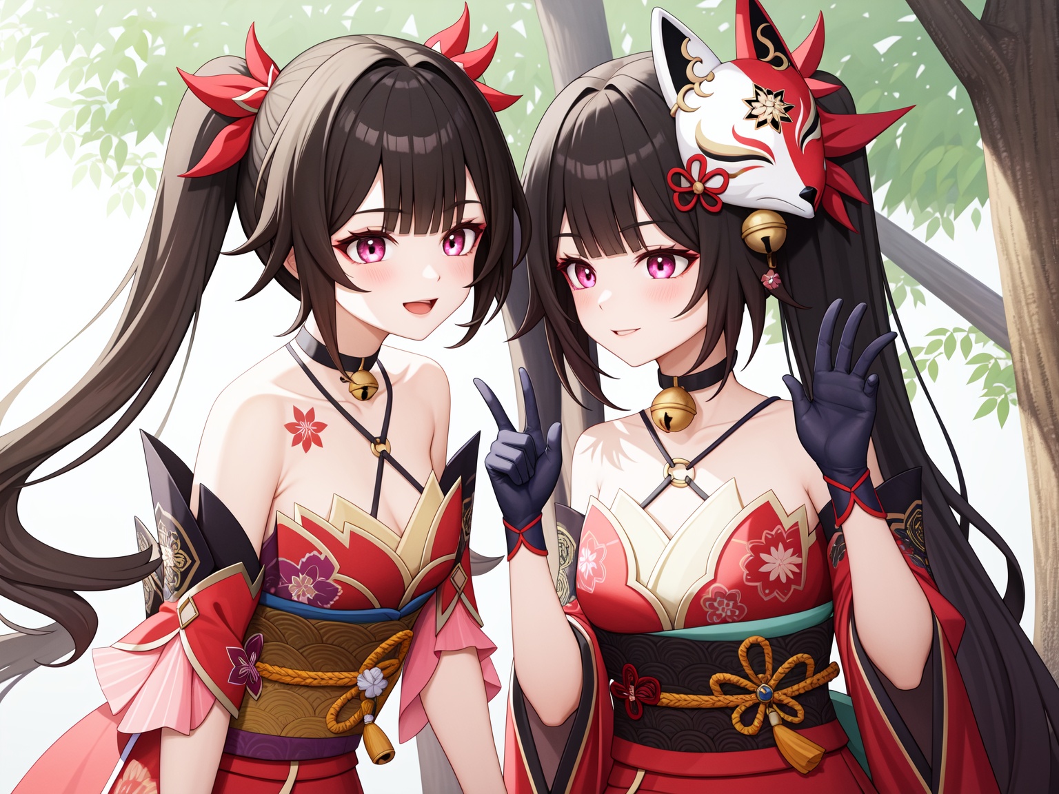 <lora:nai画风:0:lbw=paint>,<lora:花火v5:1:lbw=char>,2girls,huahuo,twintails,fox mask,red kimono,mask on head,black gloves,detached sleeves,choker,high quality,jingle bell,tattoo,( dynamic angle:1.2),(dappled sunlight on her:1.25),(Tyndall effect:1.1),light on face,hdr,bloom,An epic scene,best light,best illustration,, (masterpiece,best quality,high quality:1.4),absurdres,