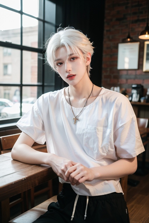 Best quality,masterpiece,ultra high res,1boy,(highest quality:1.12),(HDR:1),<lora:YG男神:0.7>,Manhuanan,jewelry,1boy,half body photo,white hair,at the coffee shop,blurred background,CG,UE5,