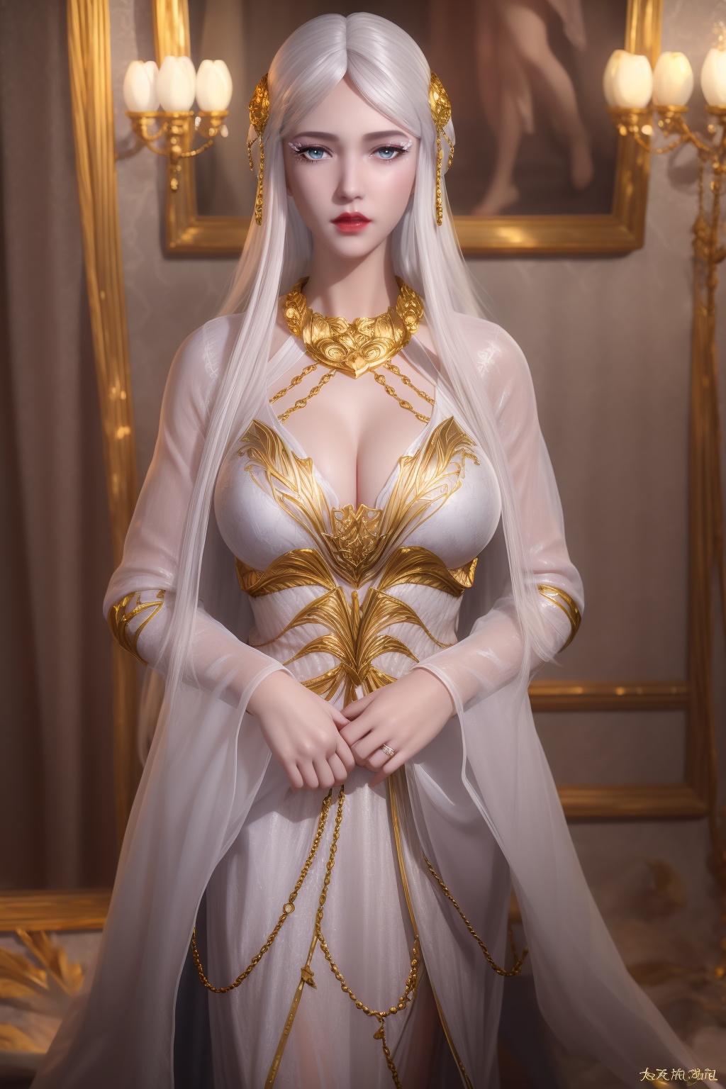 ltra realistic 8k cg, flawless, clean, masterpiece, professional artwork, famous artwork,cinematic lighting, cinematic bloom, perfect face, beautiful face,shenfengBaiLong,1girl, solo,red lips,jewelry,torogao, dress,white dress,bangs,circlet,eyelashes,eyeshadow,gem,standing, long hair, white hair,gold chain,makeup,necklace,looking at viewer,hair ornament,breasts,large breasts,hiqcgbody,<lora:shenfengBaiLong_20231217162206-000004:0.7>,