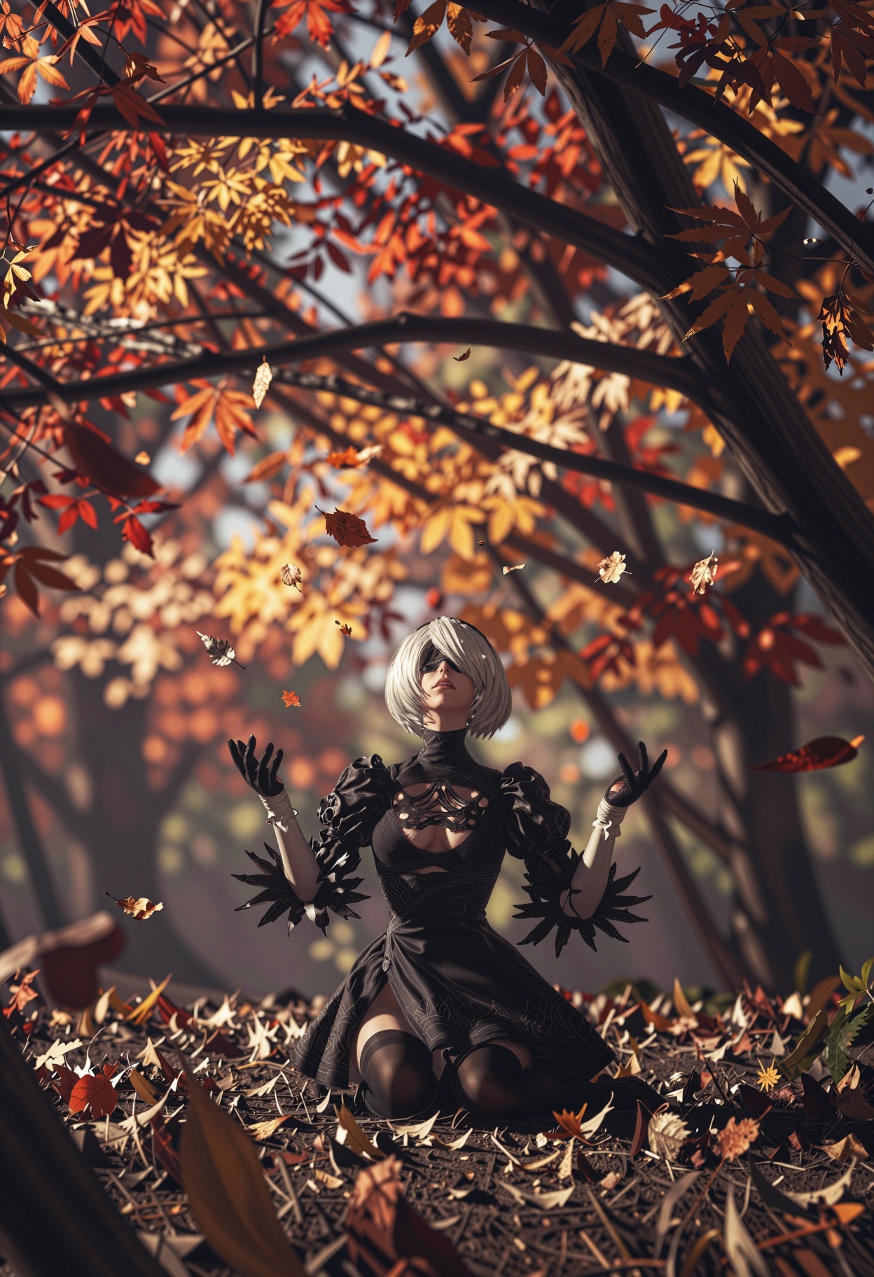 Sitting under a deciduous tree in full autumnal decay,  nierautomata gazes upward with palms extended,  attempting to catc...